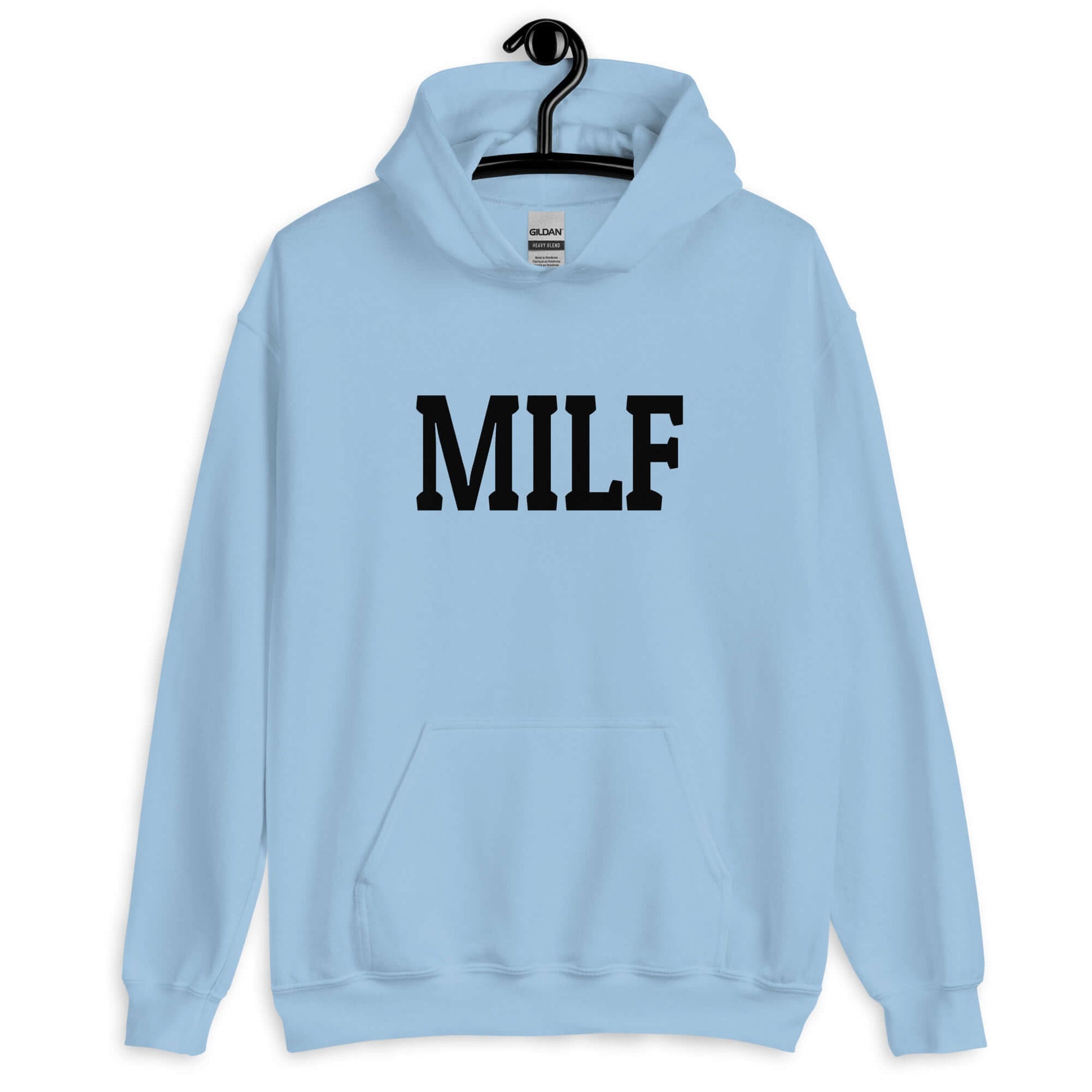 Light blue hoodie sweatshirt with the acronym MILF printed on the front.