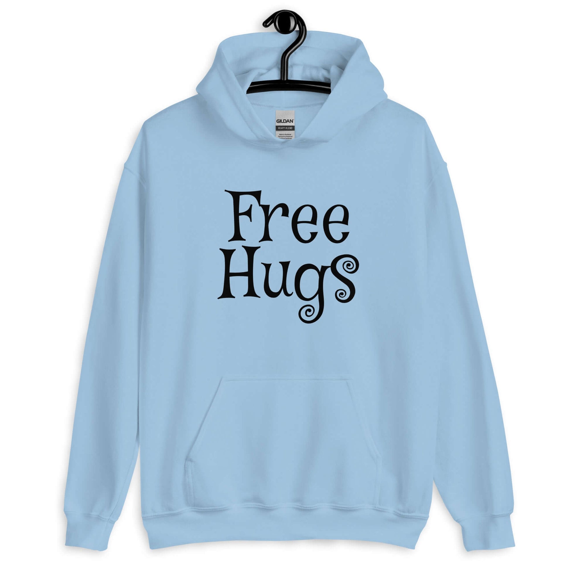 Light blue hoodie sweatshirt with the words Free Hugs printed on the front.