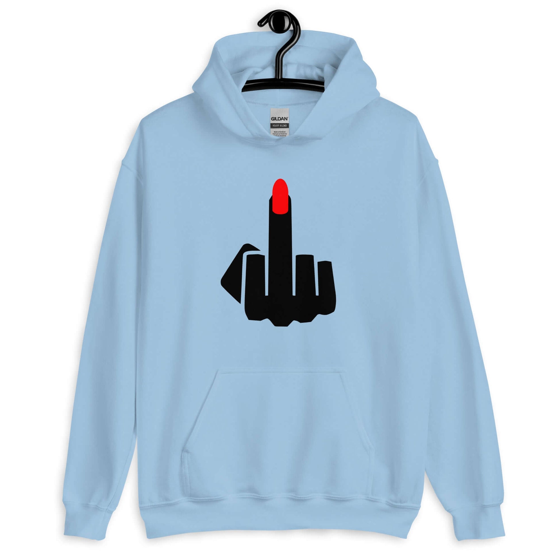 Light blue hoodie sweatshirt with an image of a middle finger with long red fingernail silhouette printed on the front.