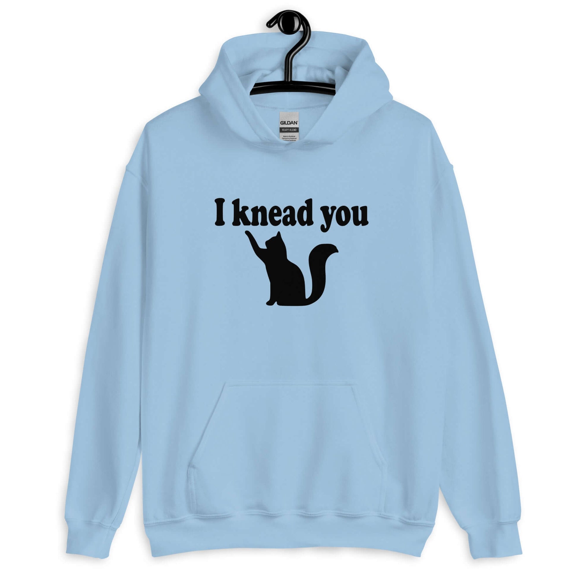 Light blue hoodie sweatshirt that has an image of a silhouette of a cat and the words I knead you printed on the front.