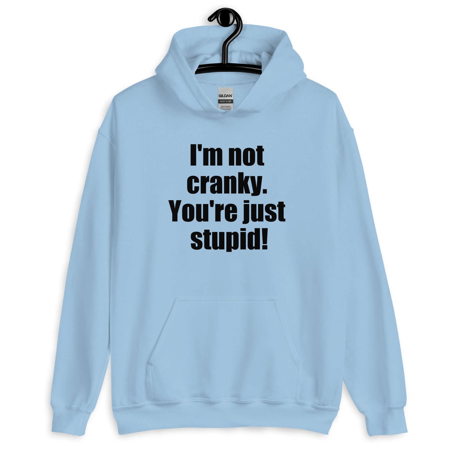 Light blue hoodie sweatshirt with the phrase I'm not cranky You're just stupid printed on the front.