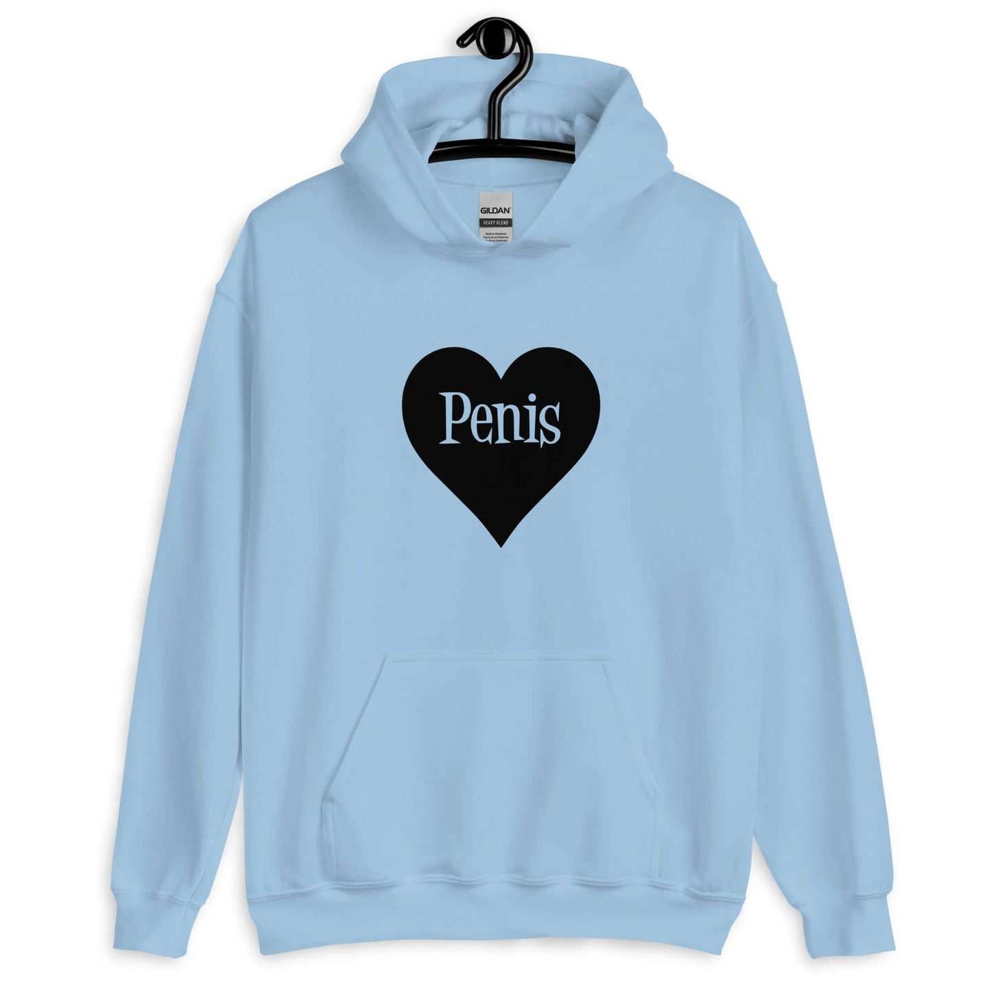 Light blue hoodie sweatshirt with a heart image printed on the front. The word penis is inside the heart