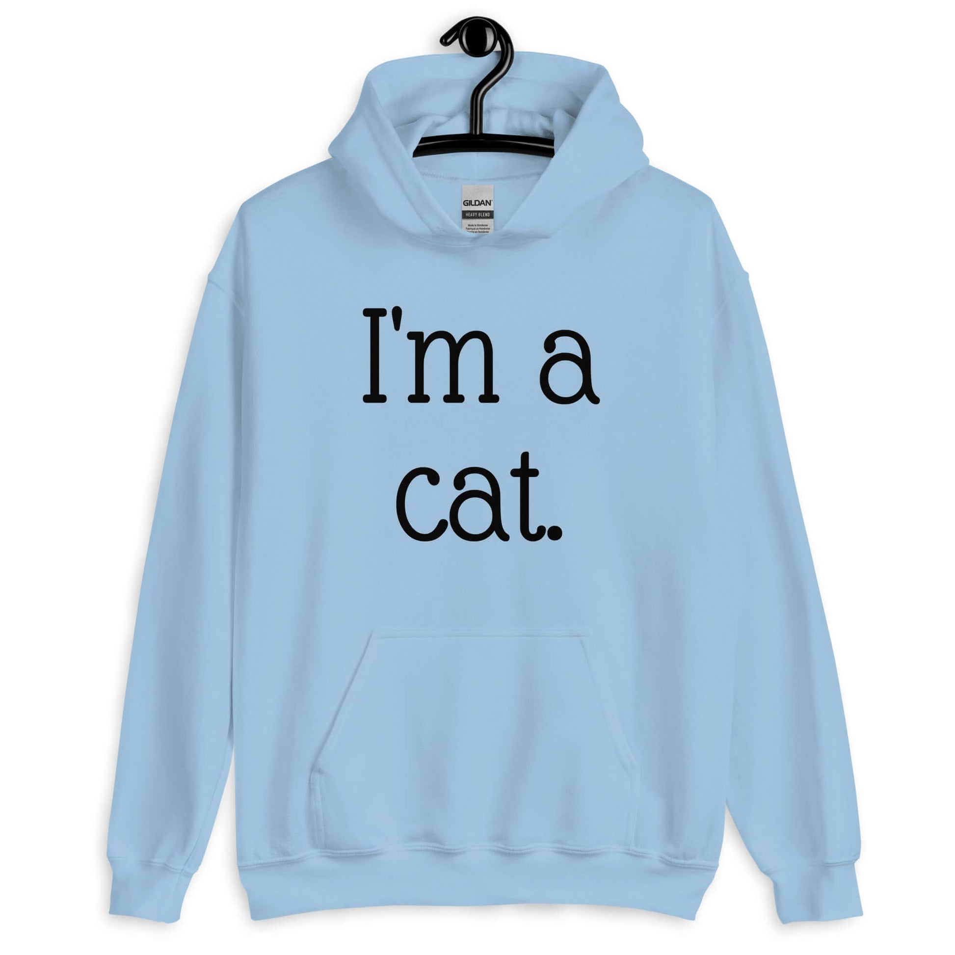 Light blue hoodie sweatshirt with the words I'm a cat printed on the front.