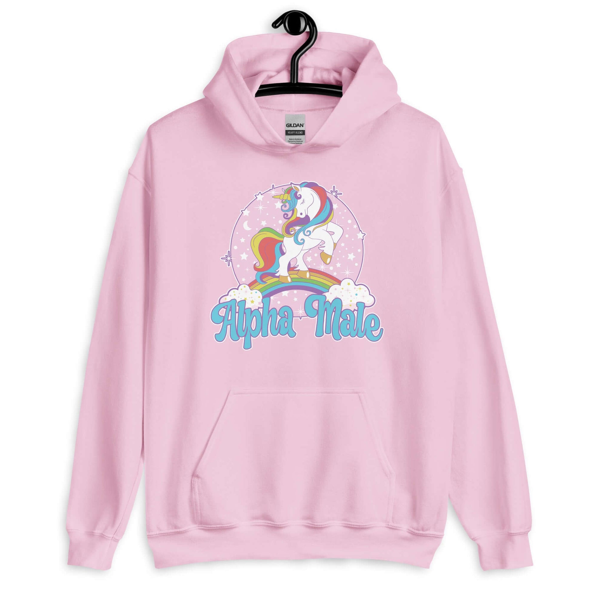 Light pink hoodie sweatshirt with funny pastel rainbow unicorn graphics and the words Alpha Male printed on the front.