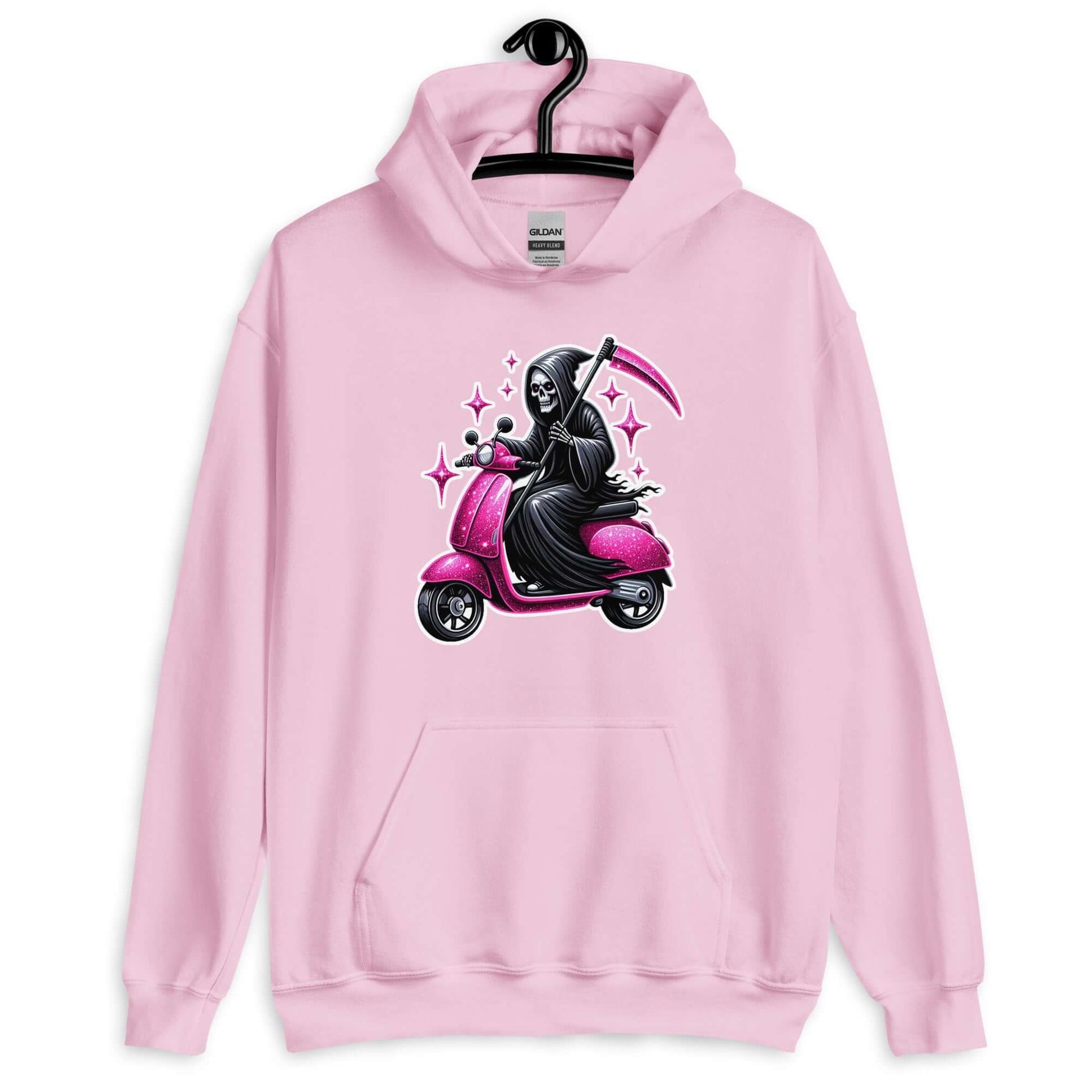 Light pink hoodie sweatshirt with funny image of the Grim Reaper riding on a glam pink scooter printed on the front.