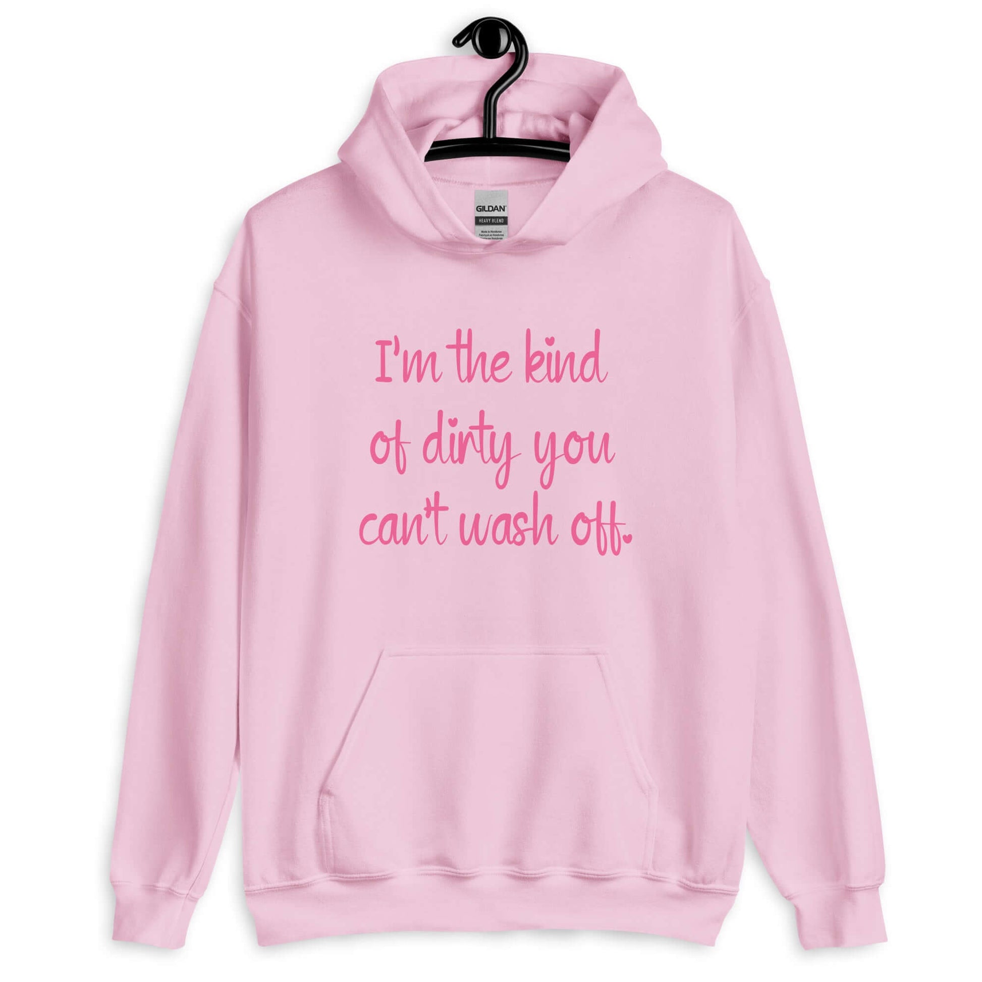 Light pink hoodie sweatshirt with the words I'm the kind of dirty you can't wash off printed on the front of the hoodie. The text is pink.