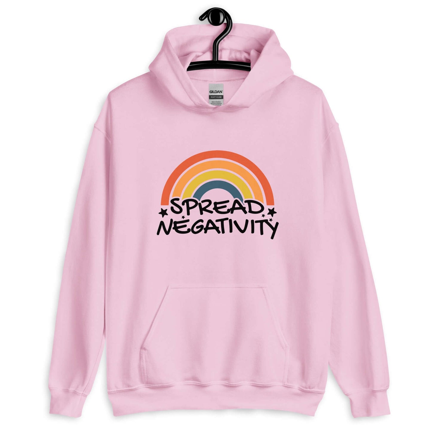 Light pink hoodie sweatshirt with a graphic of a rainbow and the words Spread negativity printed on the front.