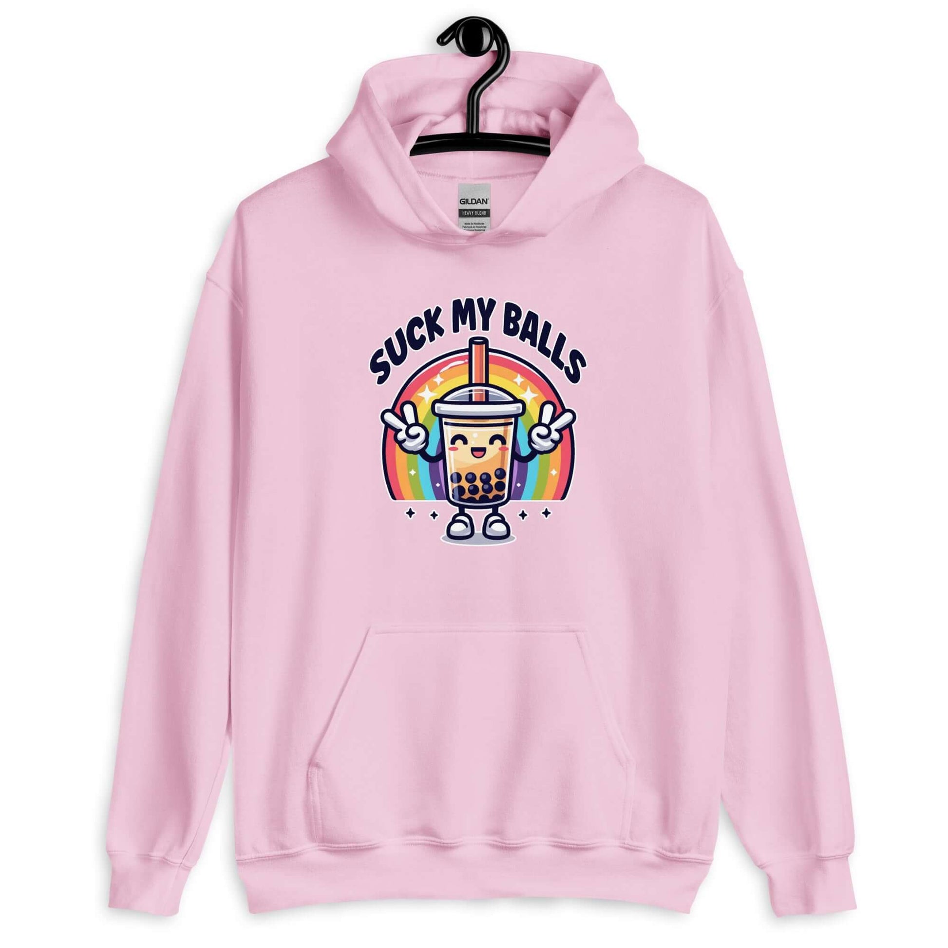 Light pink hoodie with graphics of a rainbow and a smiling boba bubble tea. The bubble tea has arms and legs. The phrase Suck my balls is printed above the rainbow. The graphics are on the front of the hoodie.