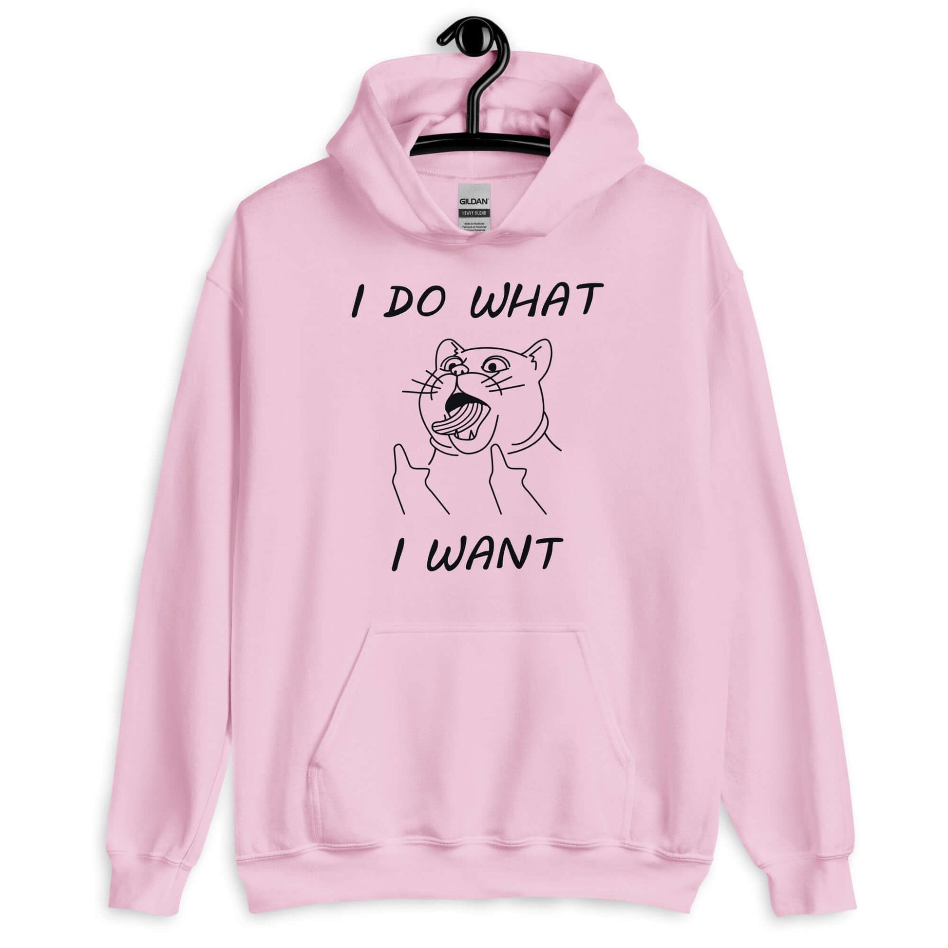 Light pink hoodie sweatshirt with cat flipping middle fingers and the words I do what I want printed on the front.