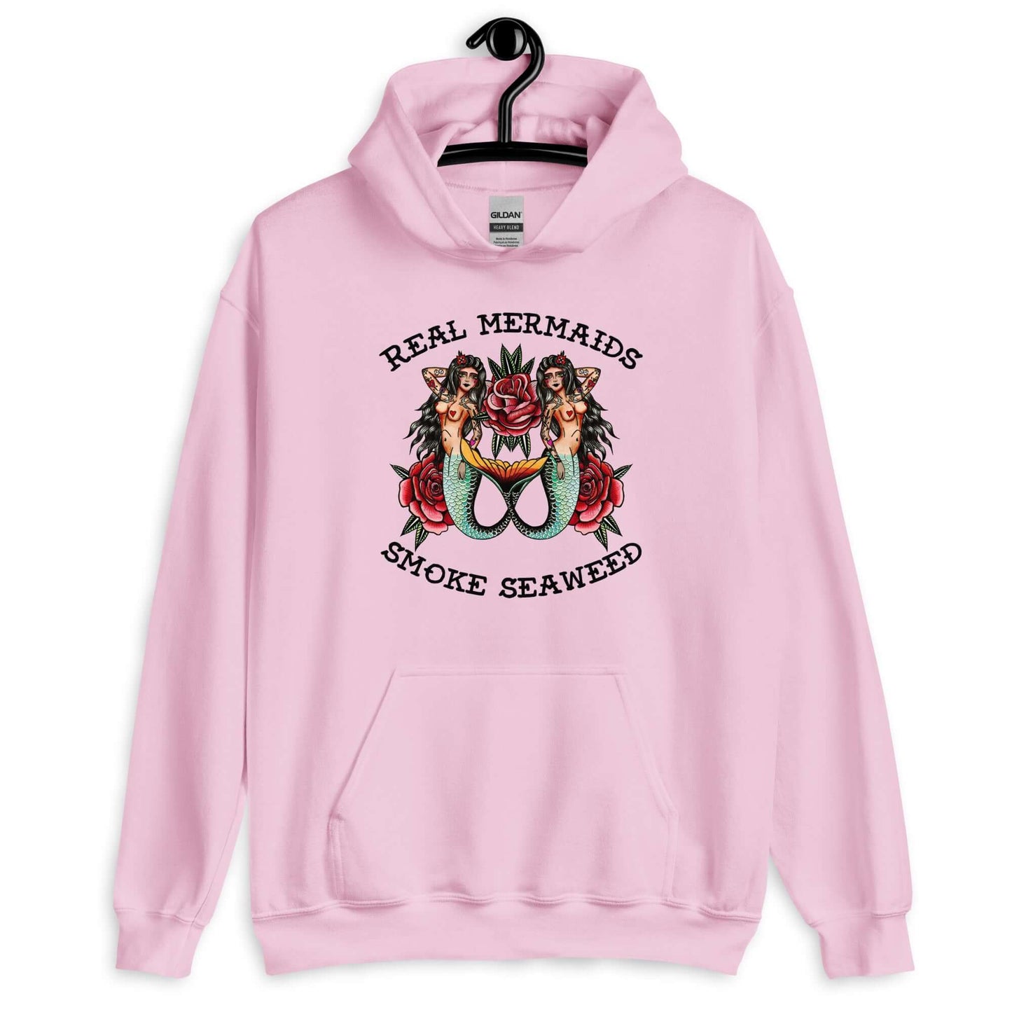 Light pink hoodie sweatshirt with image of 2 mermaids and the words Real mermaids smoke seaweed printed on the front.