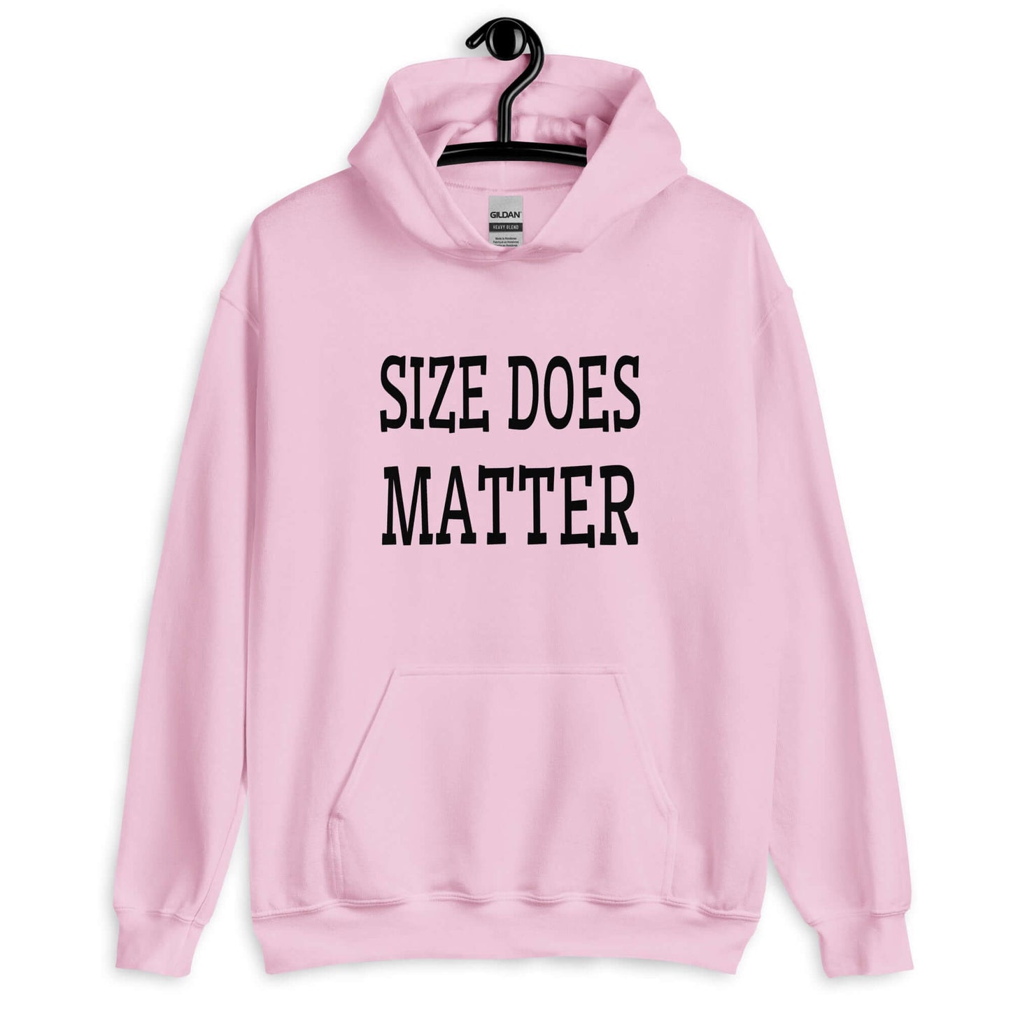 Light pink hoodie sweatshirt with the phrase Size does matter printed on the front.