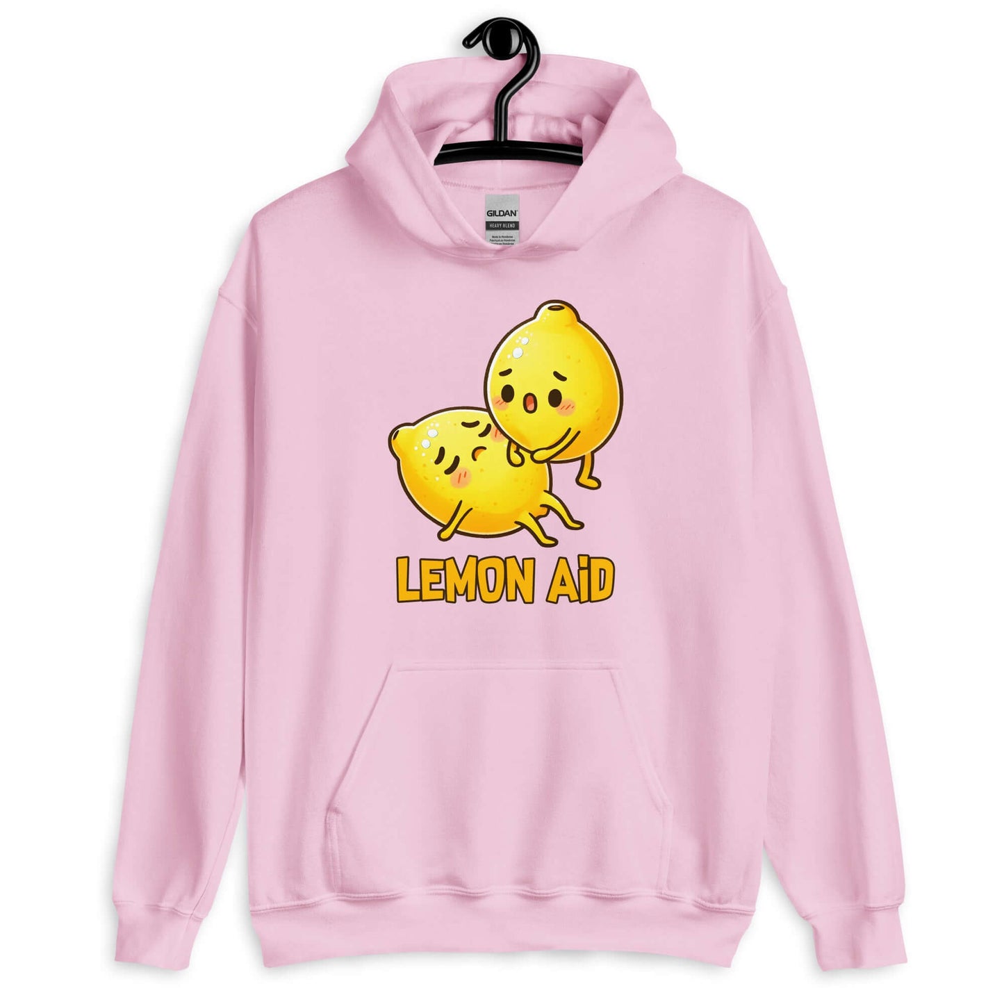 Light pink hoodie sweatshirt with image of 2 cartoon lemons. One lemon is giving the other lemon CPR. The words Lemon Aid is under the lemons. The graphic is printed on the front.