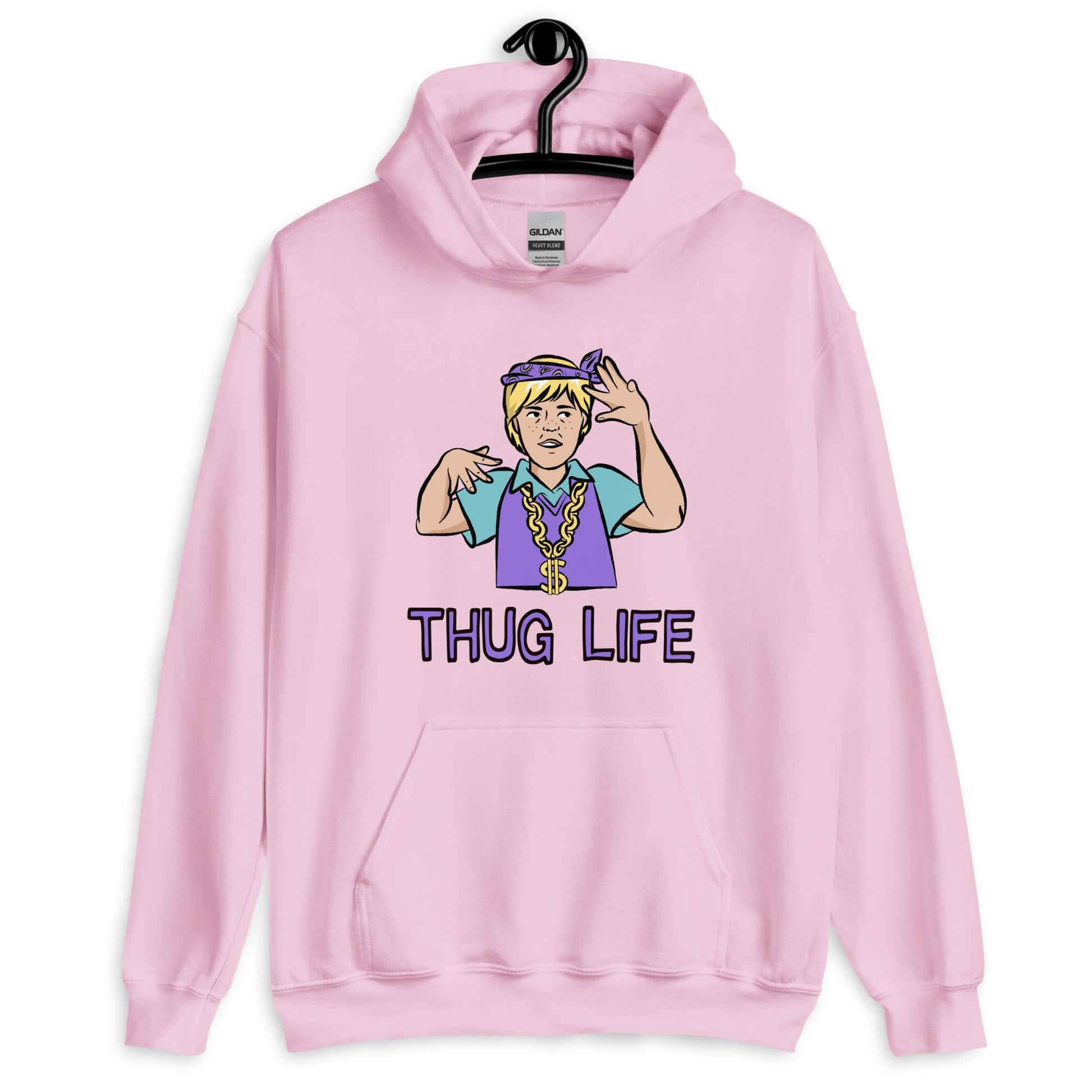 Light pink hoodie sweatshirt with a parody image of a blond haired child trying to be a gangster with the words Thug Life printed on the front.