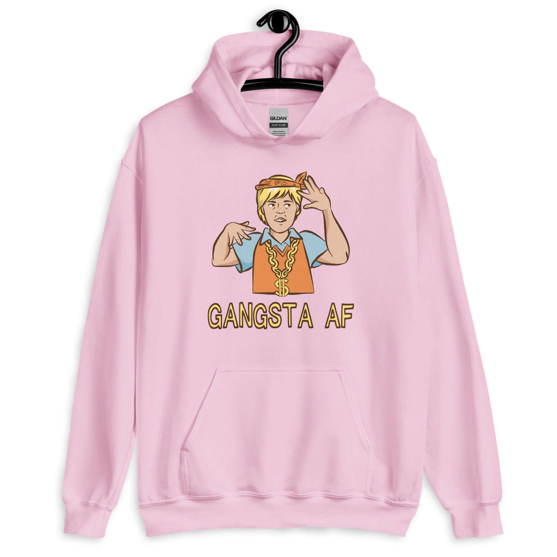 Light pink hoodie sweatshirt with a parody image of a blond haired child trying to be a gangster with the words Gangsta AF printed on the front.