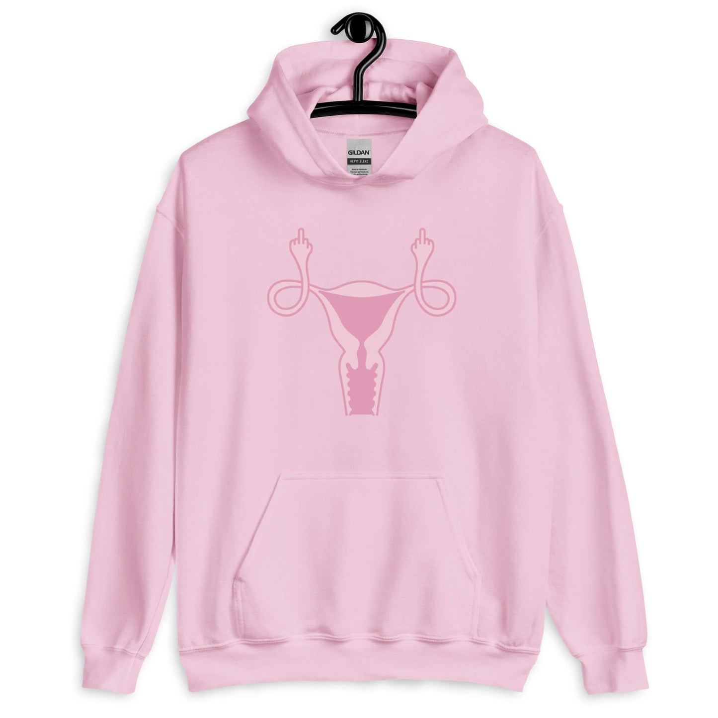 Light pink hoodie sweatshirt with image of a pink uterus flipping middle finger graphic printed on the front.