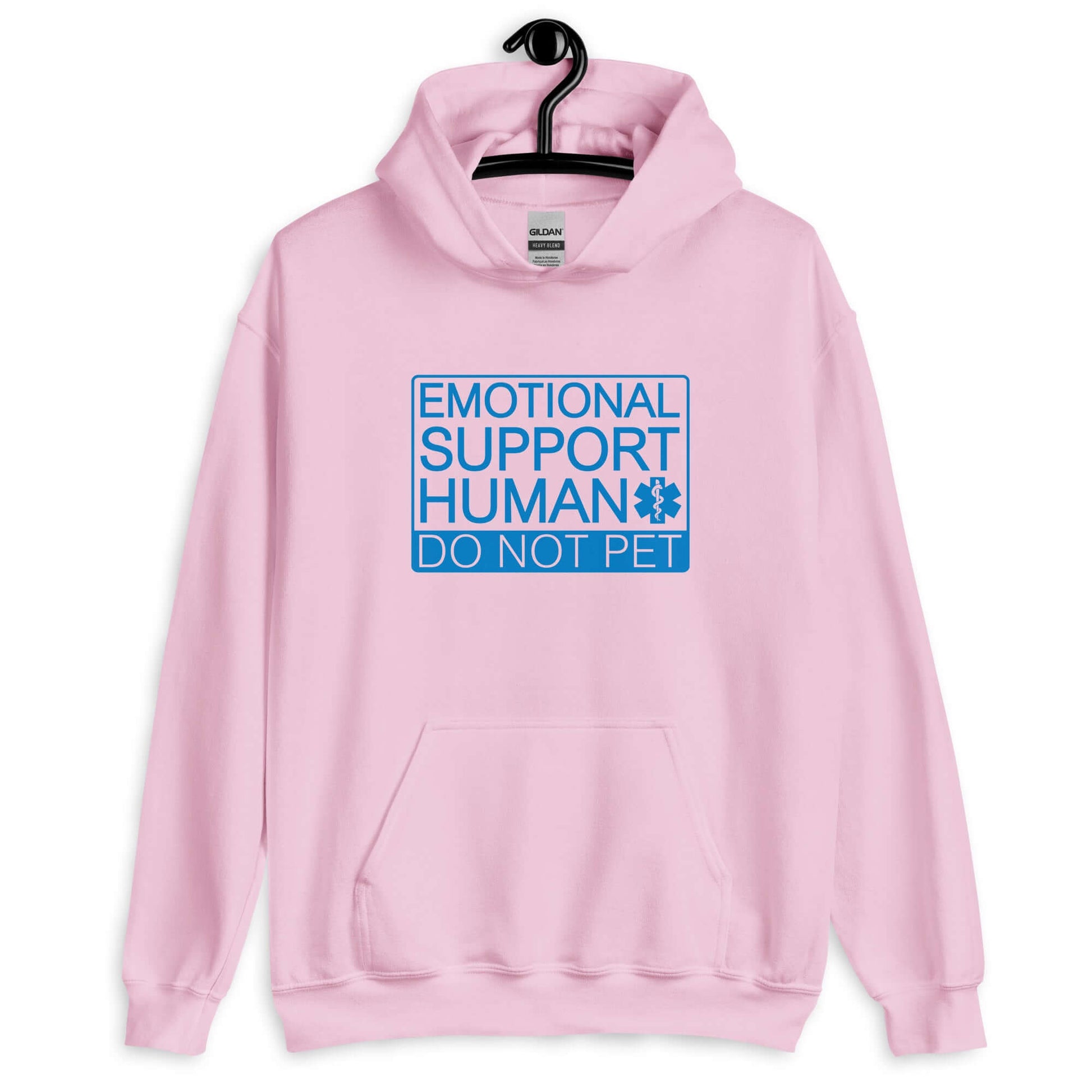 Light pink hoodie sweatshirt with the words Emotional support human, do not pet printed on the front.