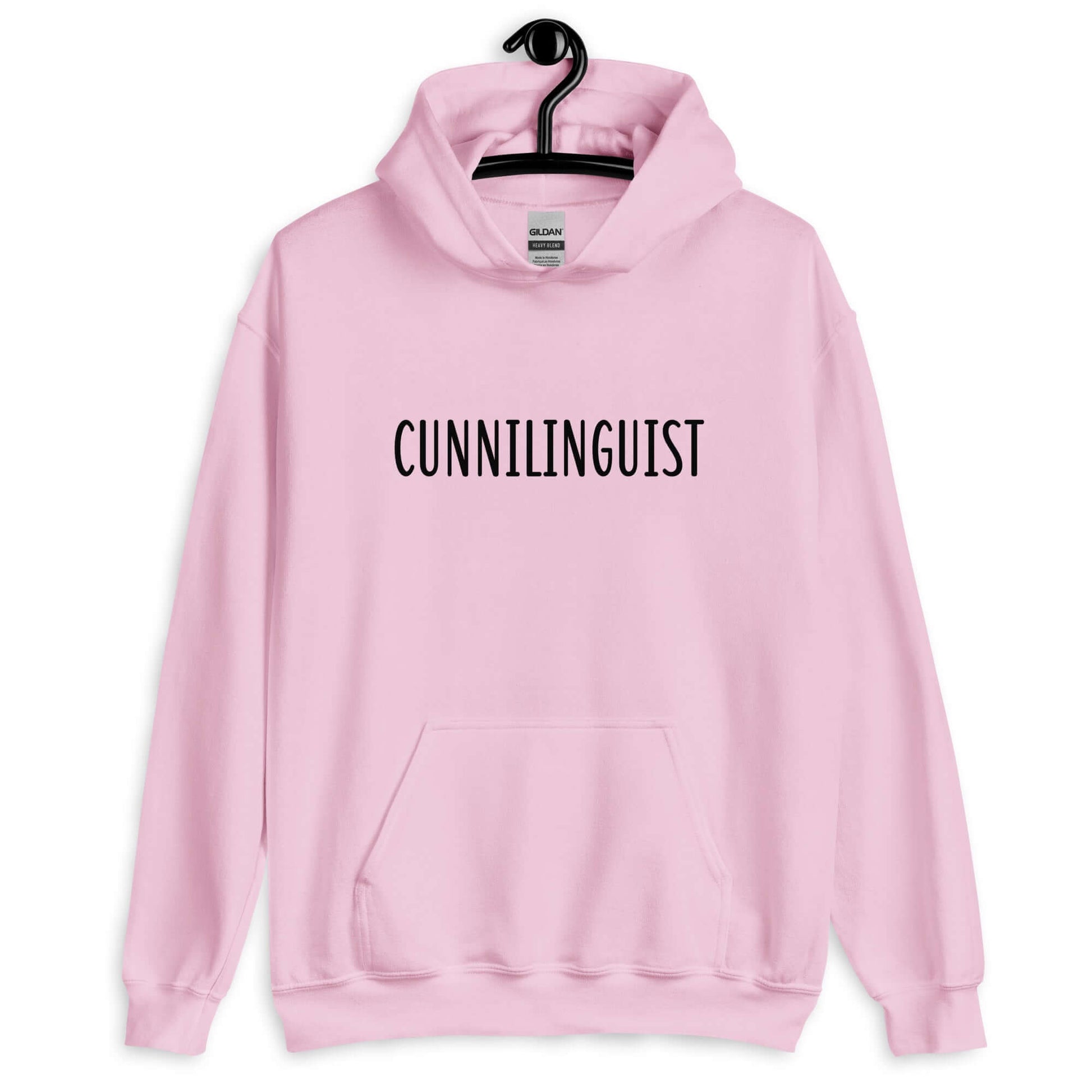 Light pink hoodie sweatshirt with the word Cunnilinguist printed on the front.