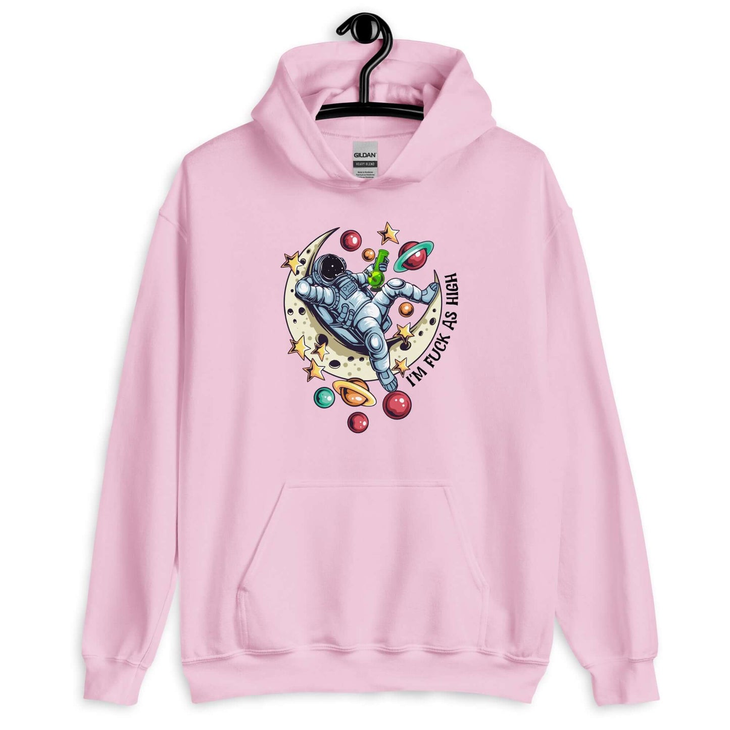 Light pink hoodie sweatshirt with graphic of an astronaut sitting on the moon while smoking a bong with the words I'm fuck as high printed on the front.