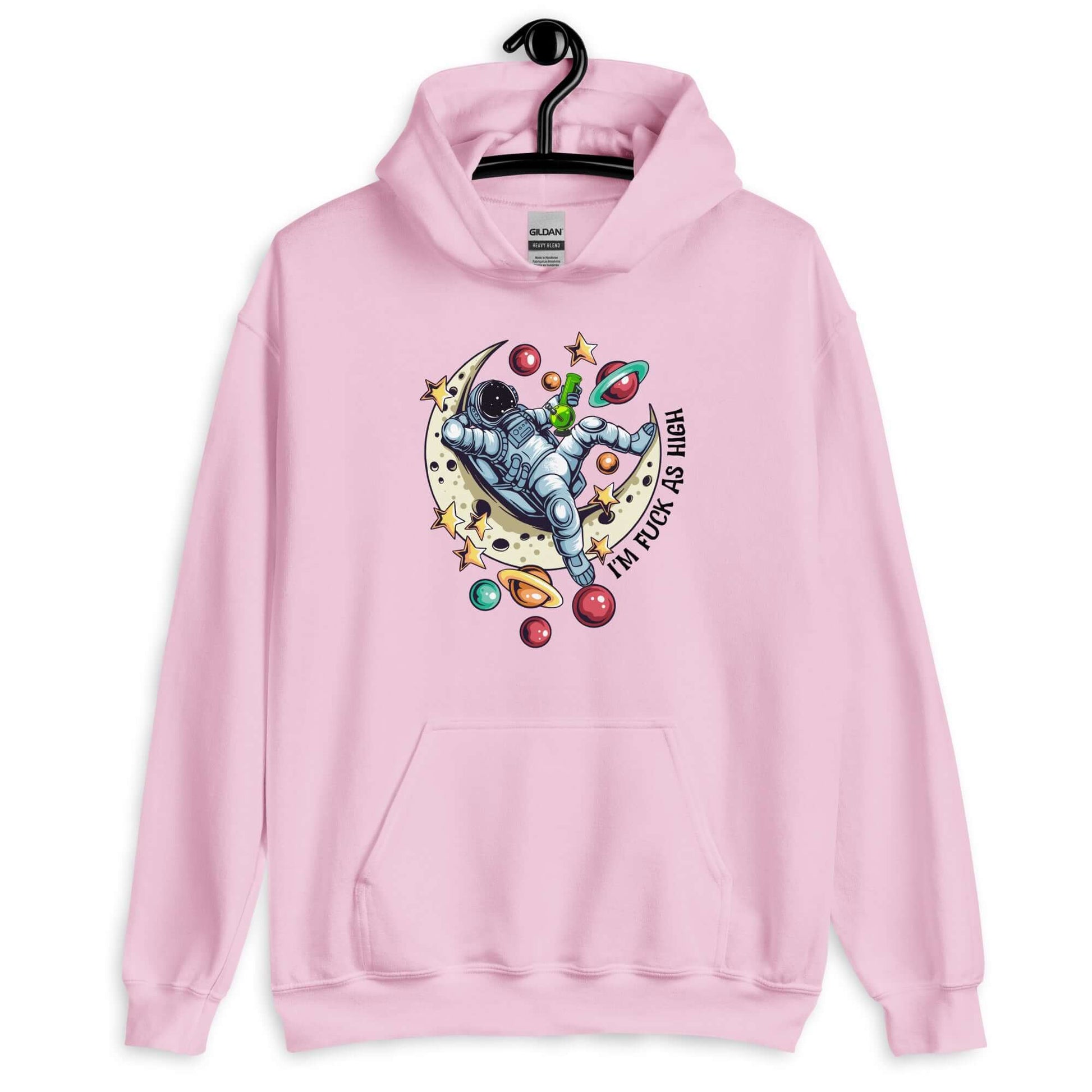 Light pink hoodie sweatshirt with graphic of an astronaut sitting on the moon while smoking a bong with the words I'm fuck as high printed on the front.