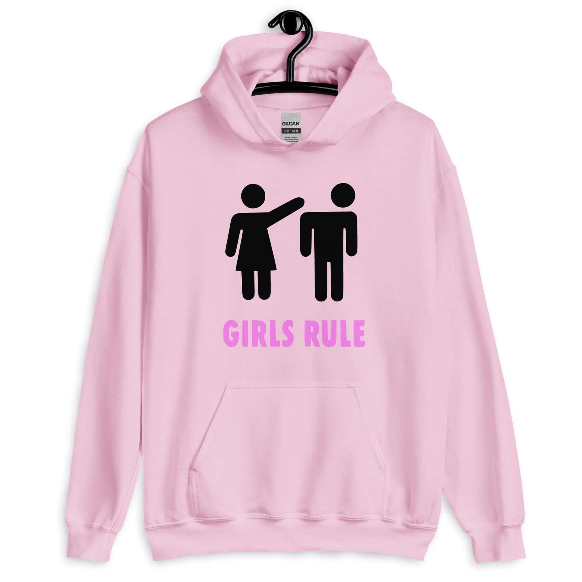 Light pink hoodie sweatshirt. The sweatshirt has an image of a stick figure man and woman. The woman is punching the mans head off and the words Girls rule is printed beneath in hot pink. The graphics are printed on the front of the hoodie.