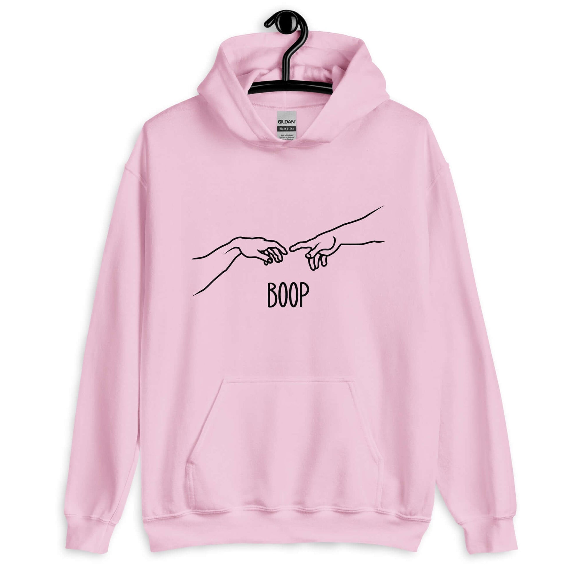 Light pink hoodie sweatshirt with line drawing hands reaching out and touching in the center like they in the famous art creation of Adam. The word Boop is printed underneath.