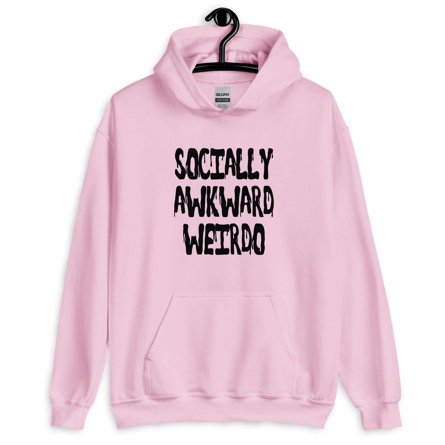 Light pink hoodie sweatshirt with the phrase Socially awkward weirdo printed on the front.