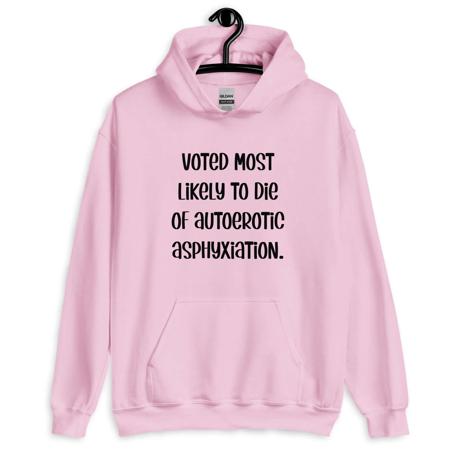 Light pink hoodie sweatshirt with the phrase Voted most likely to die of autoerotic asphyxiation printed on the front.