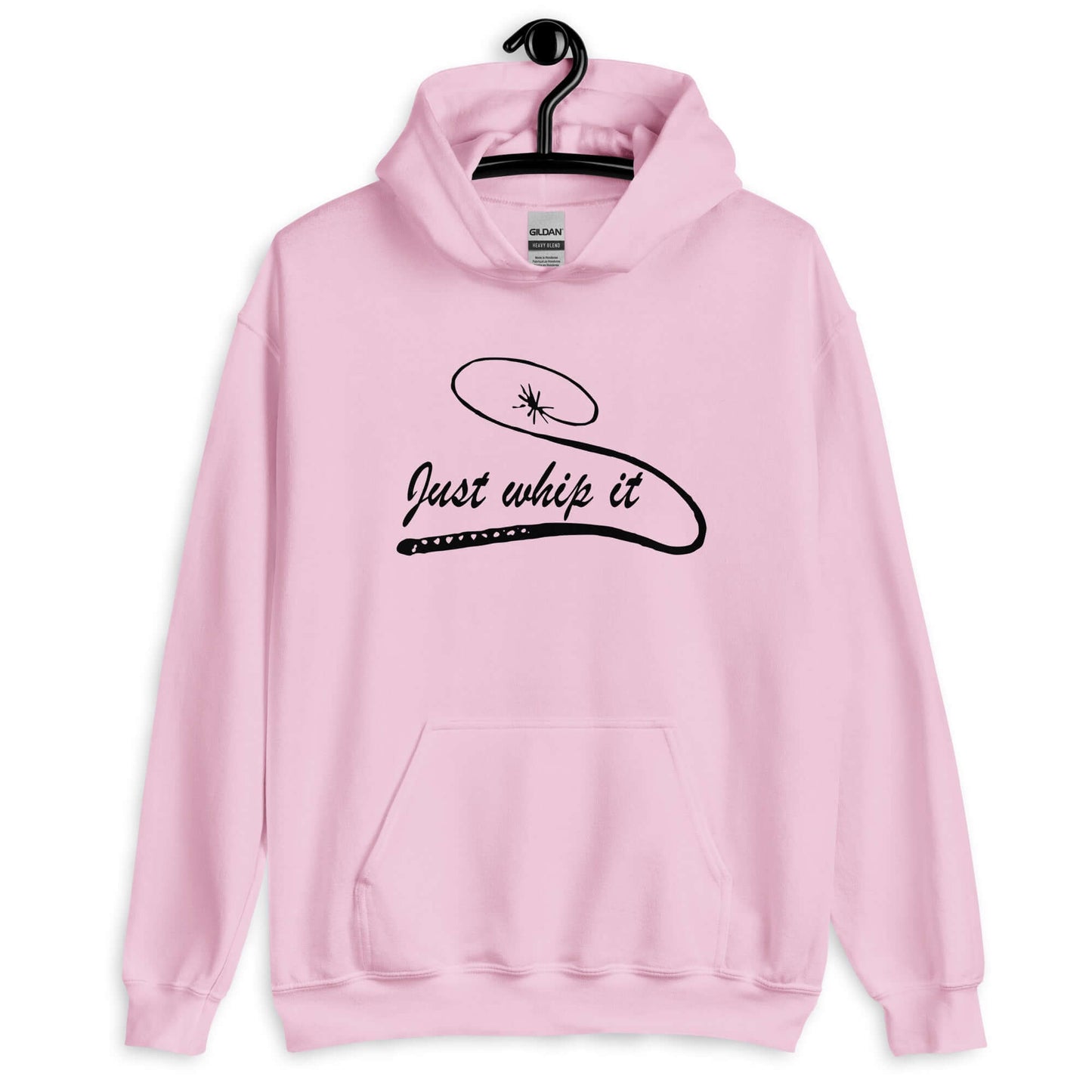 Light pink hoodie sweatshirt with line drawing image of a leather bullwhip and the words Just whip it printed on the front.