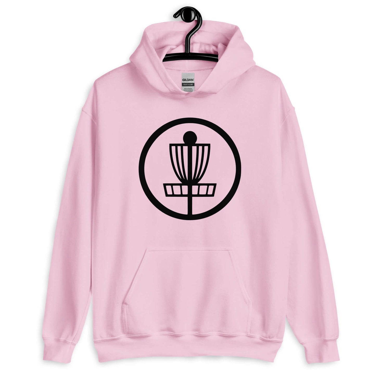 Light pink hoodie sweatshirt with image of disc golf basket silhouette with a circle around it printed on the front.