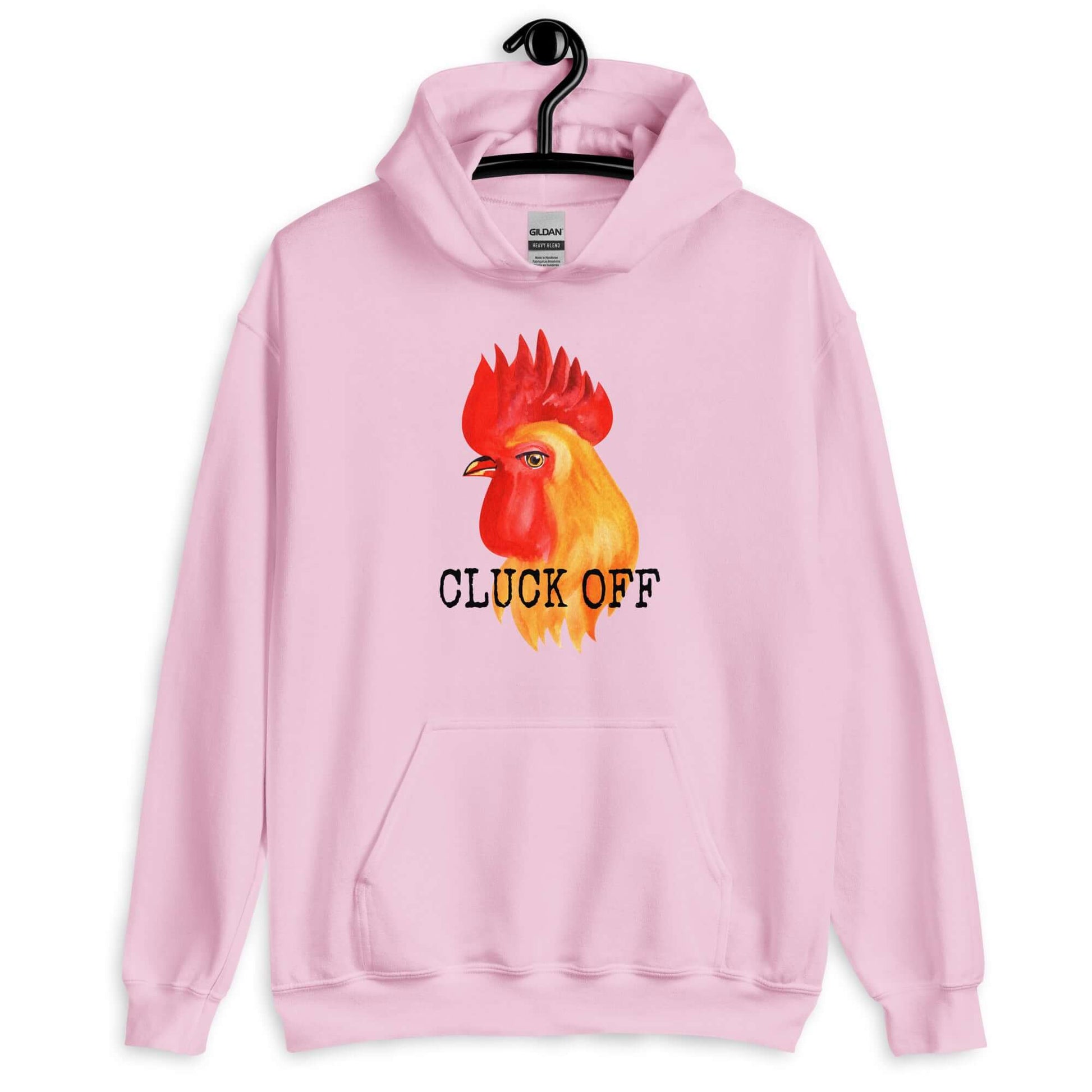 Light pink hoodie sweatshirt that has graphic of a chicken and the words Cluck off printed on the front.