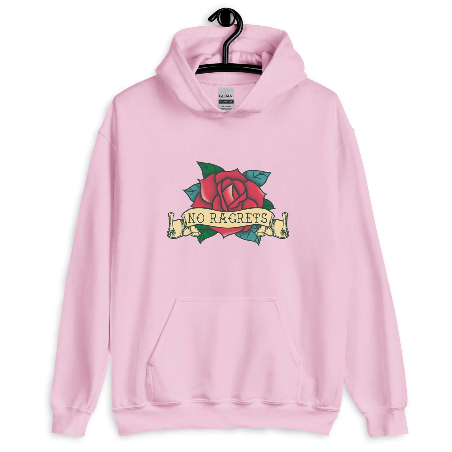 Light pink hoodie sweatshirt with funny image of an old school rose flash tattoo with the words no ragrets intentionally misspelled.