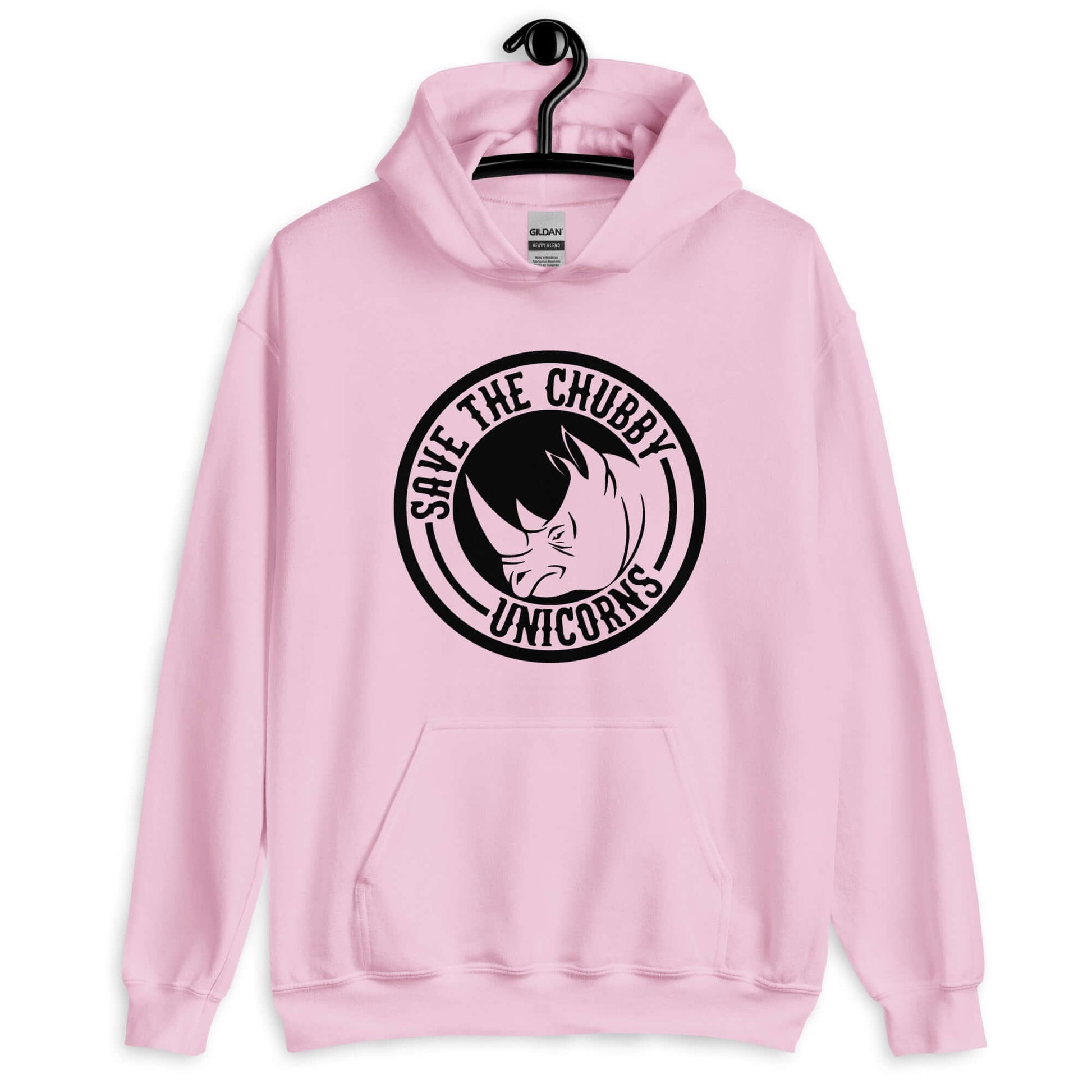 Light pink hoodie sweatshirt with a funny graphic of a rhinoceros & the words Save the chubby unicorns printed on the front.