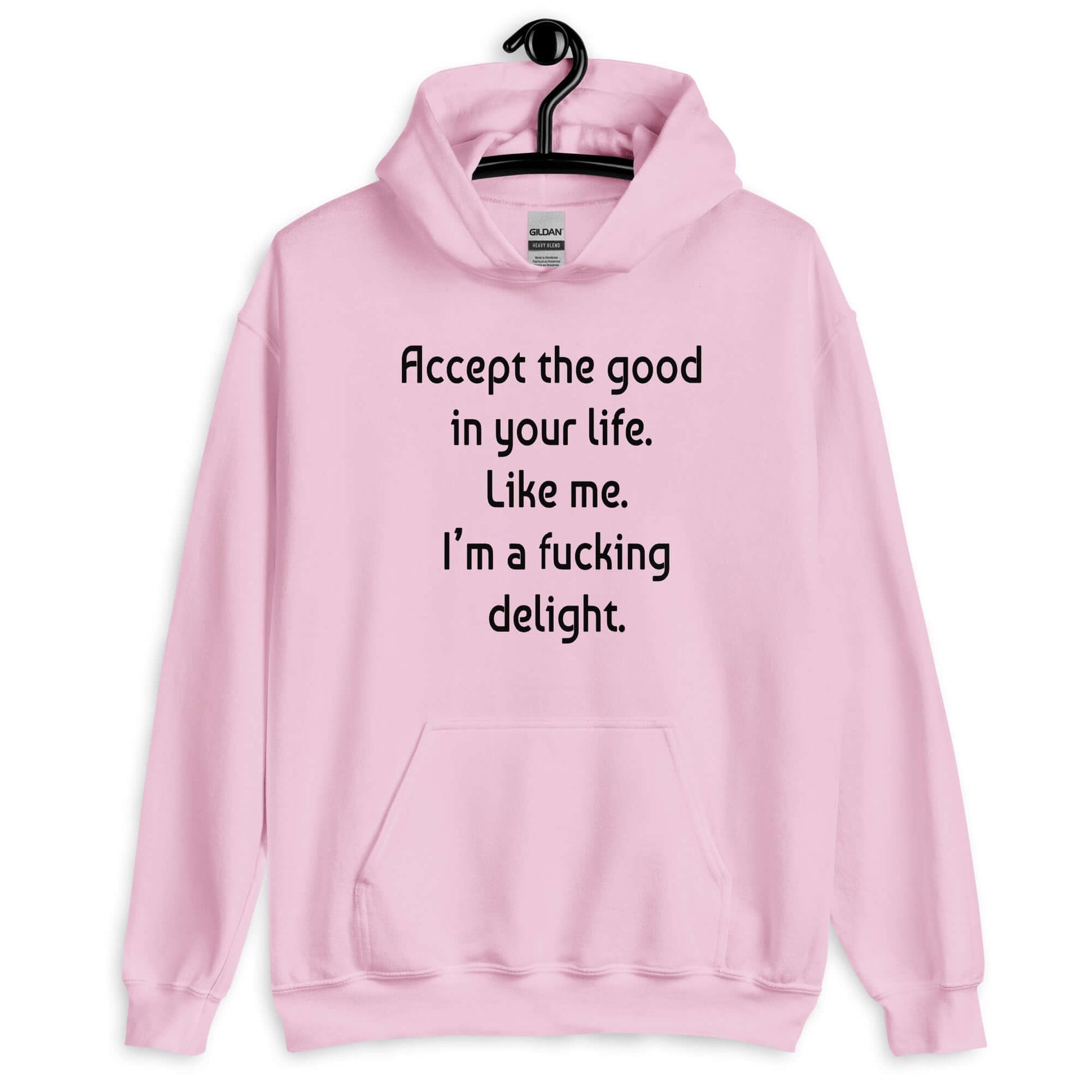 Light pink hoodie sweatshirt with the funny phrase Accept the good in your life, like me, I'm a fucking delight printed on the front.