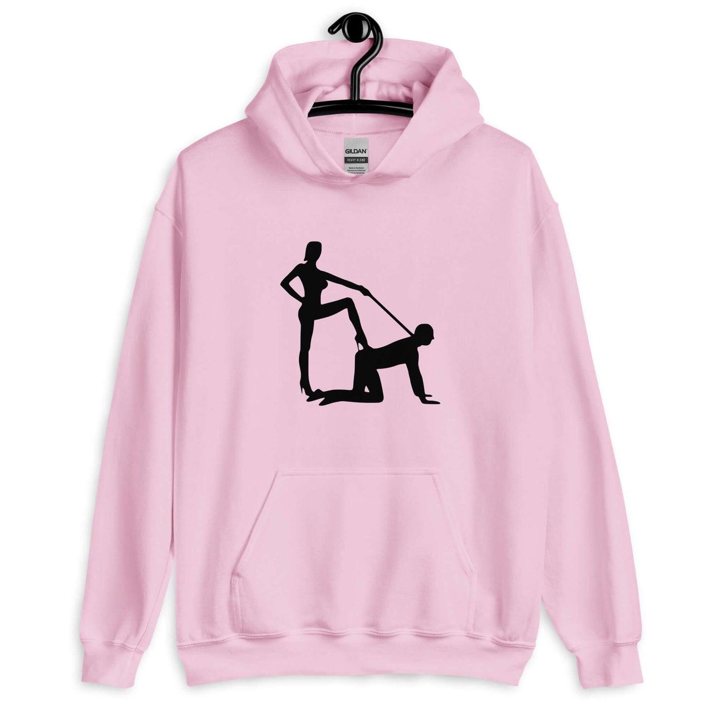 Light pink hoodie sweatshirt with silhouette image of a man on his hands and knees and a dominatrix holding his leash printed on the front.