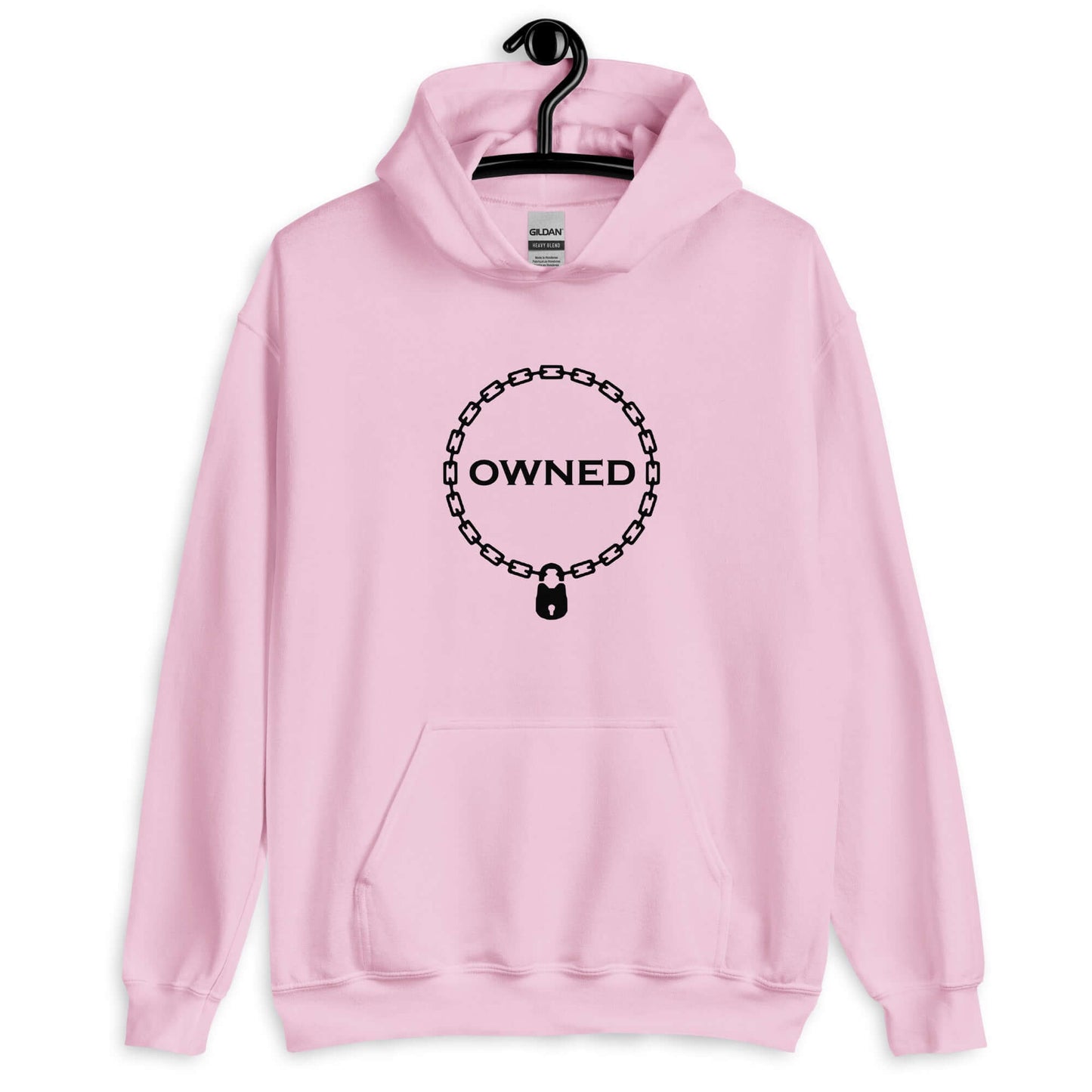 Light pink hoodie sweatshirt with an image of a BDSM chain collar with a lock and the word Owned printed in the center of the collar. The design is printed on the front of the hoodie.