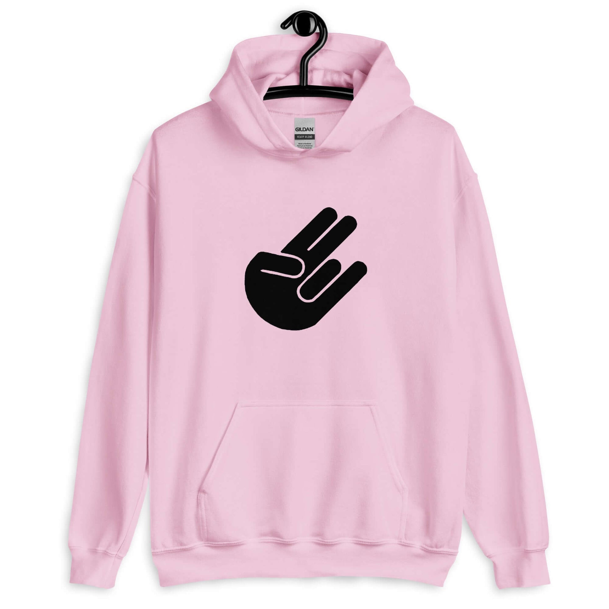 Light pink hoodie sweatshirt with the universal hand symbol for The Shocker printed on the front.