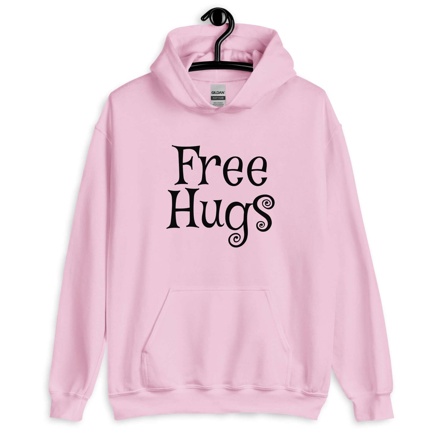 Light pink hoodie sweatshirt with the words Free Hugs printed on the front.