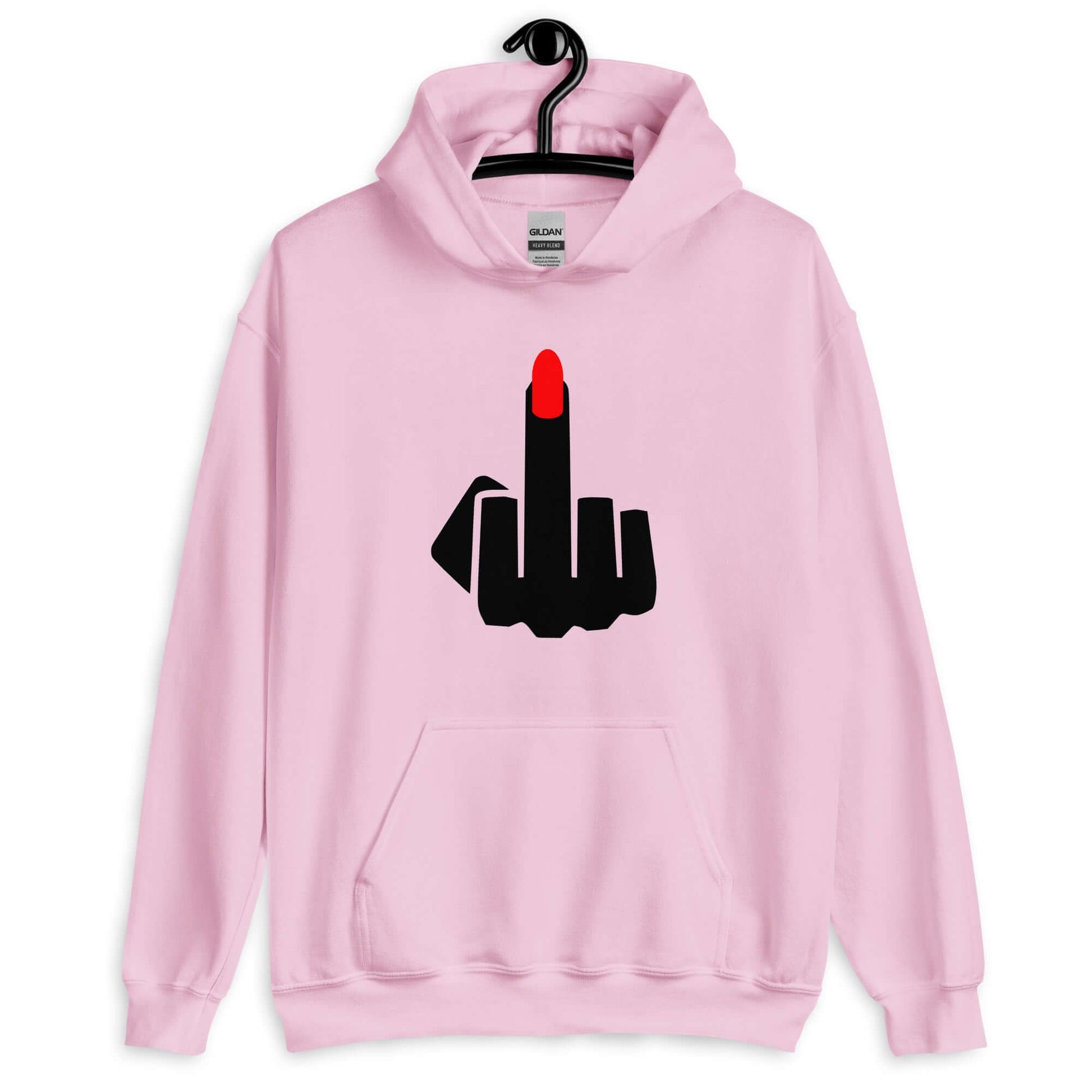 Light pink hoodie sweatshirt with an image of a middle finger with long red fingernail silhouette printed on the front.