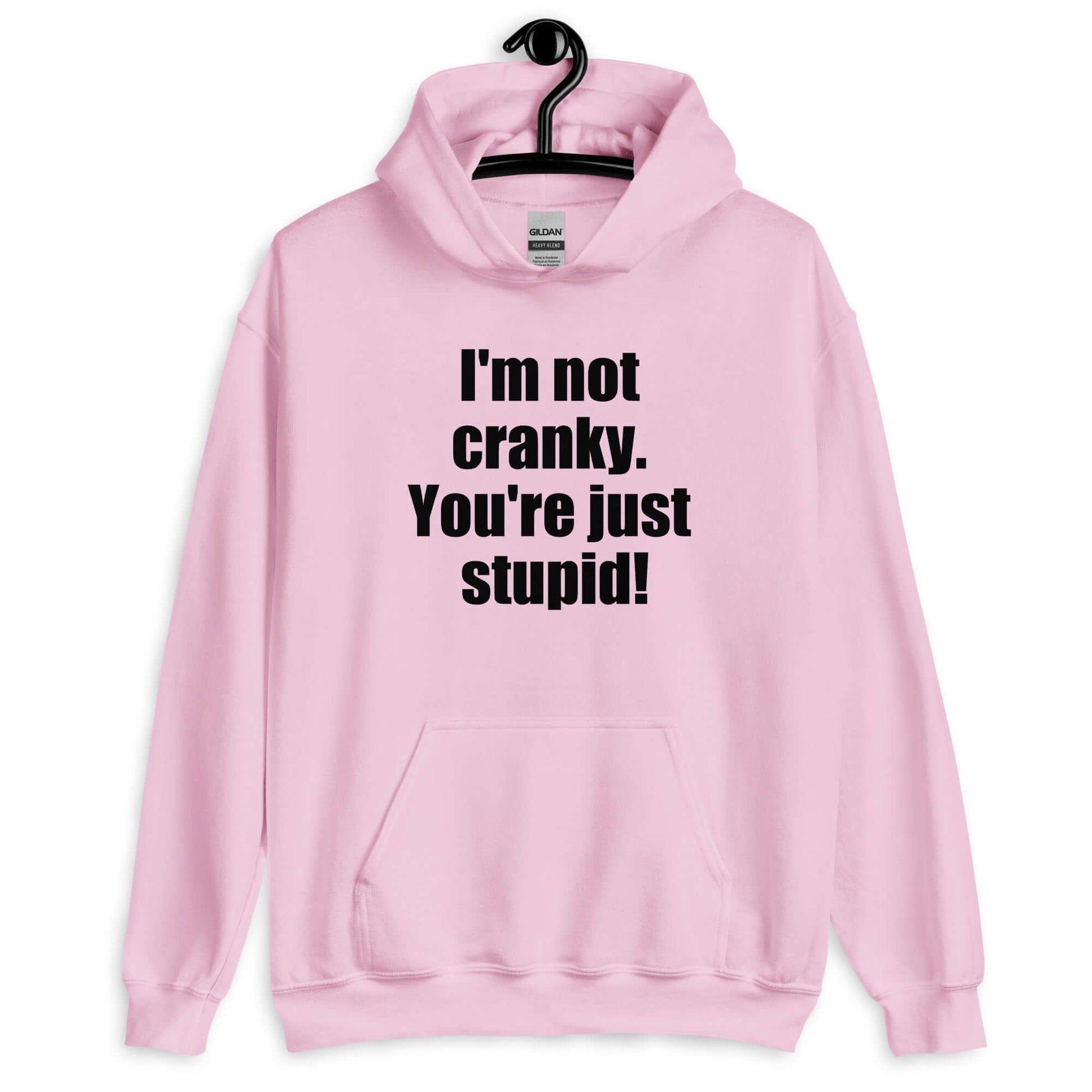 Light pink hoodie sweatshirt with the phrase I'm not cranky You're just stupid printed on the front.