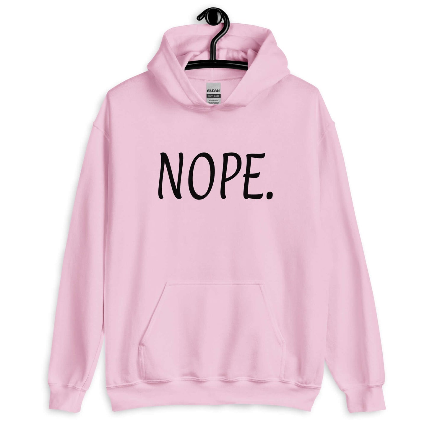 Light pink hoodie sweatshirt with the word Nope printed on the front.