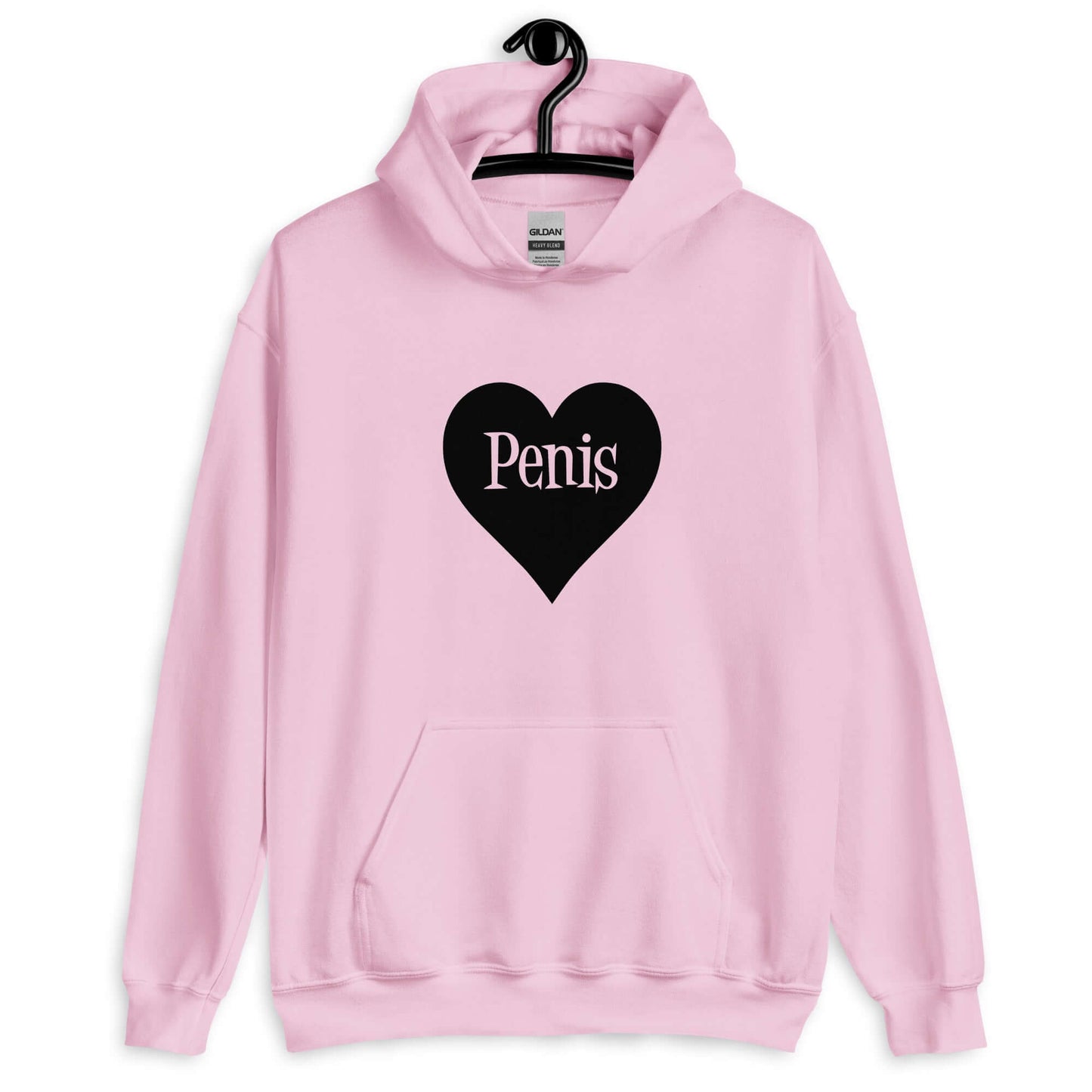 Light pink hoodie sweatshirt with a heart image printed on the front. The word penis is inside the heart