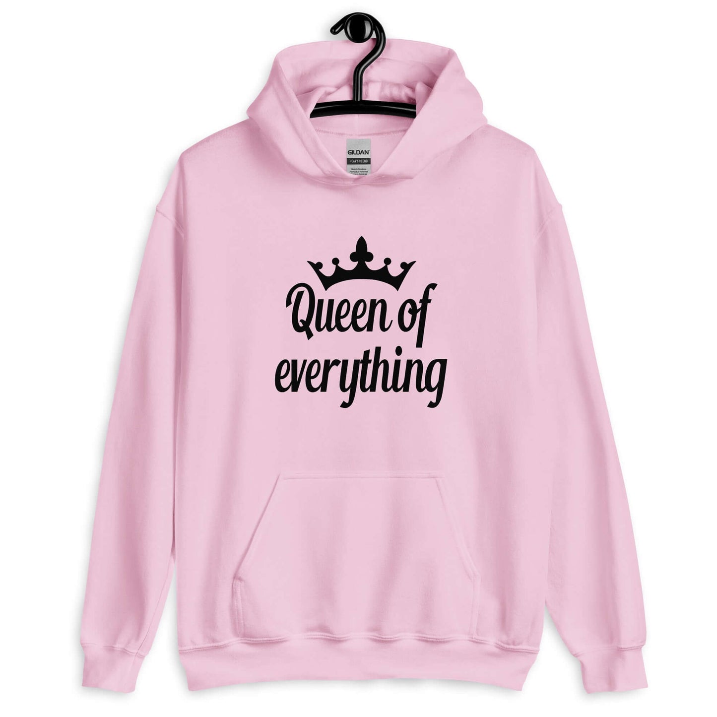 Light pink hoodie sweatshirt with an image of a crown and the phrase Queen of everything printed on the front.