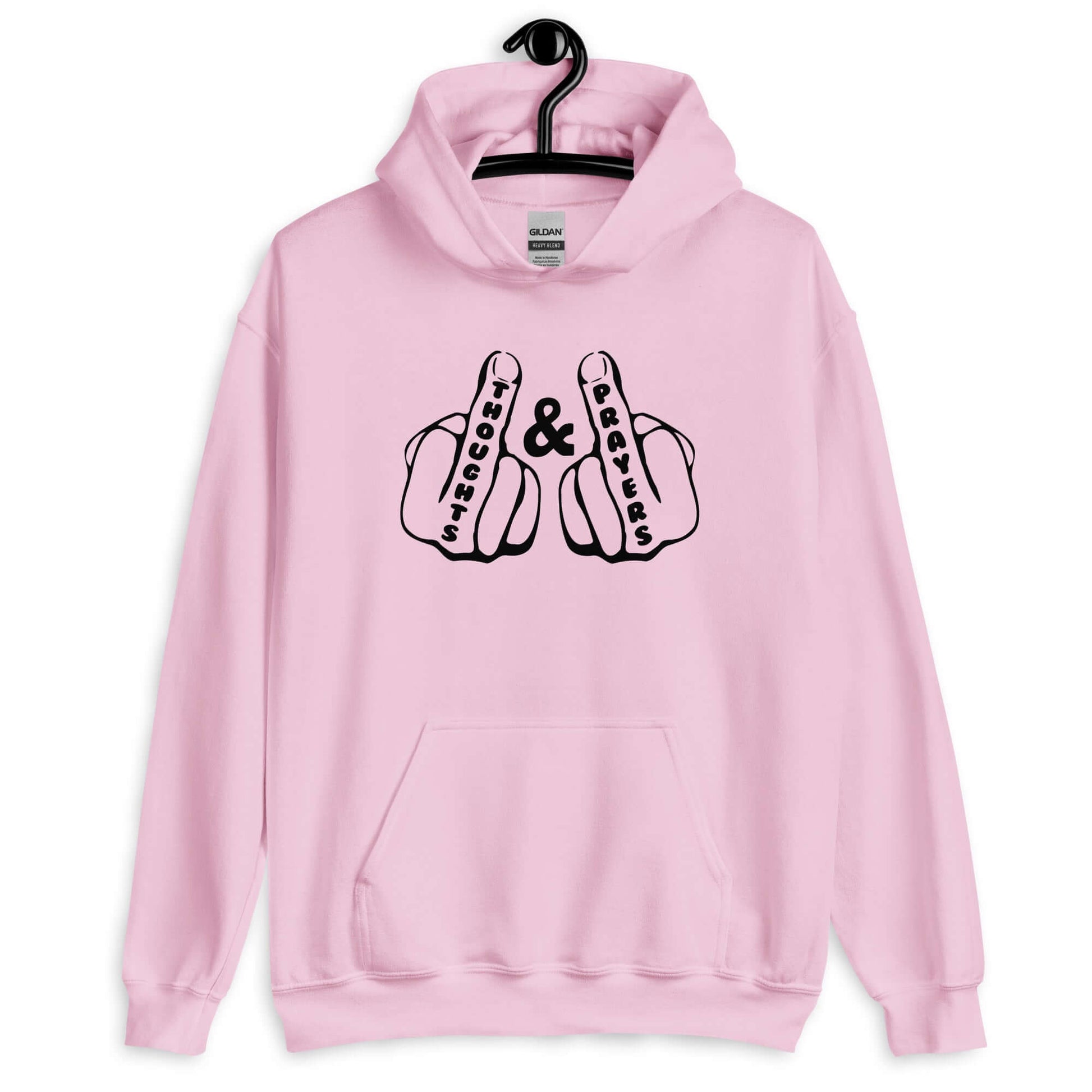Light pink hoodie sweatshirt with an image of 2 line drawing hands with the middle fingers up. The word Thoughts is printed on one middle finger and the word Prayers is printed on the other middle finger. The graphics are printed on the front.
