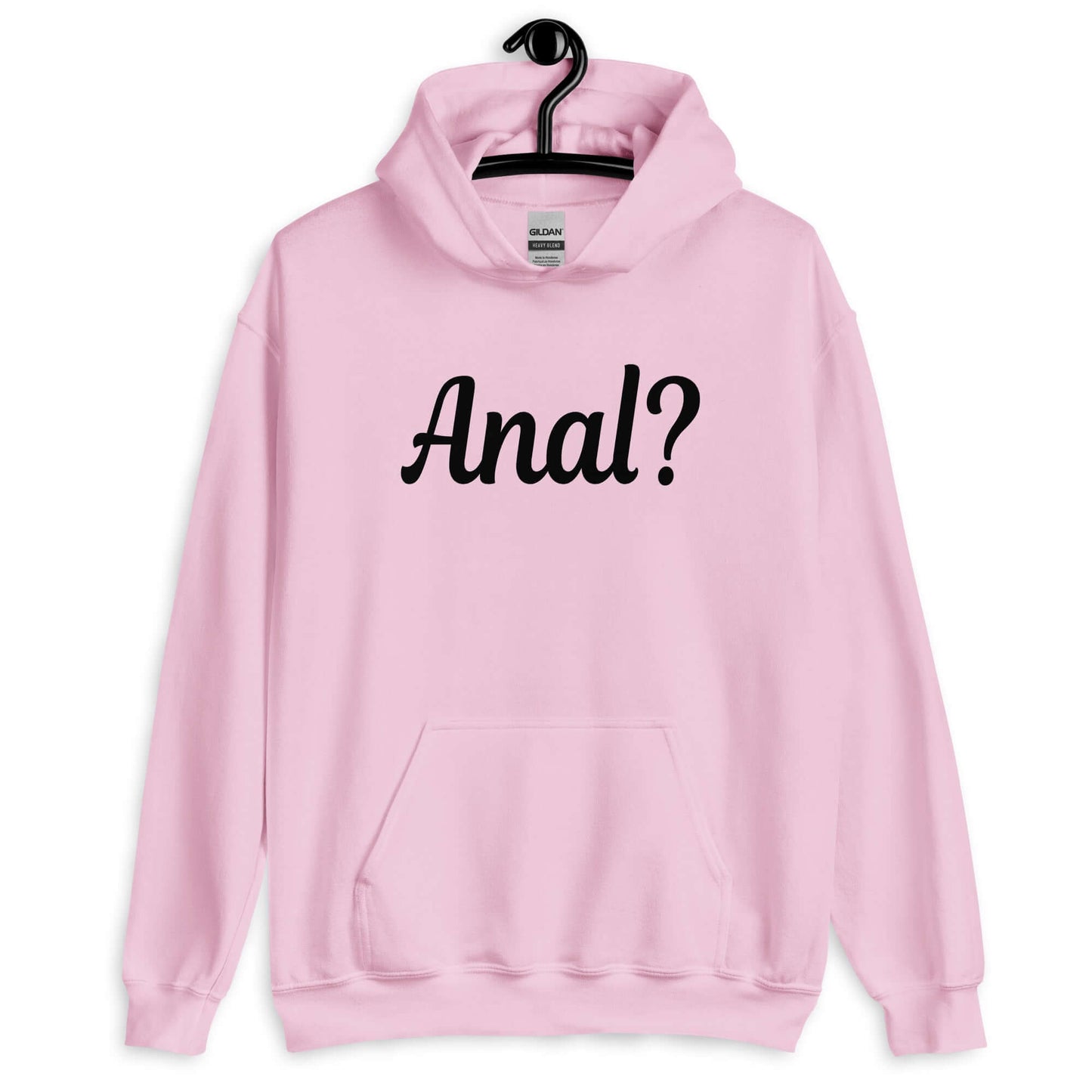 Light pink hoodie sweatshirt with the word Anal with a question mark printed on the front.