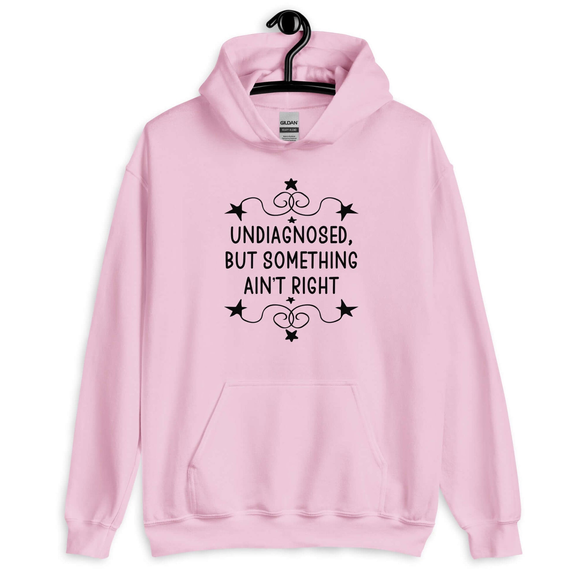 Light pink hoodie sweatshirt with the phrase Undiagnosed, but something ain't right printed on the front. The text is black and has a star graphic embellishment around the words.