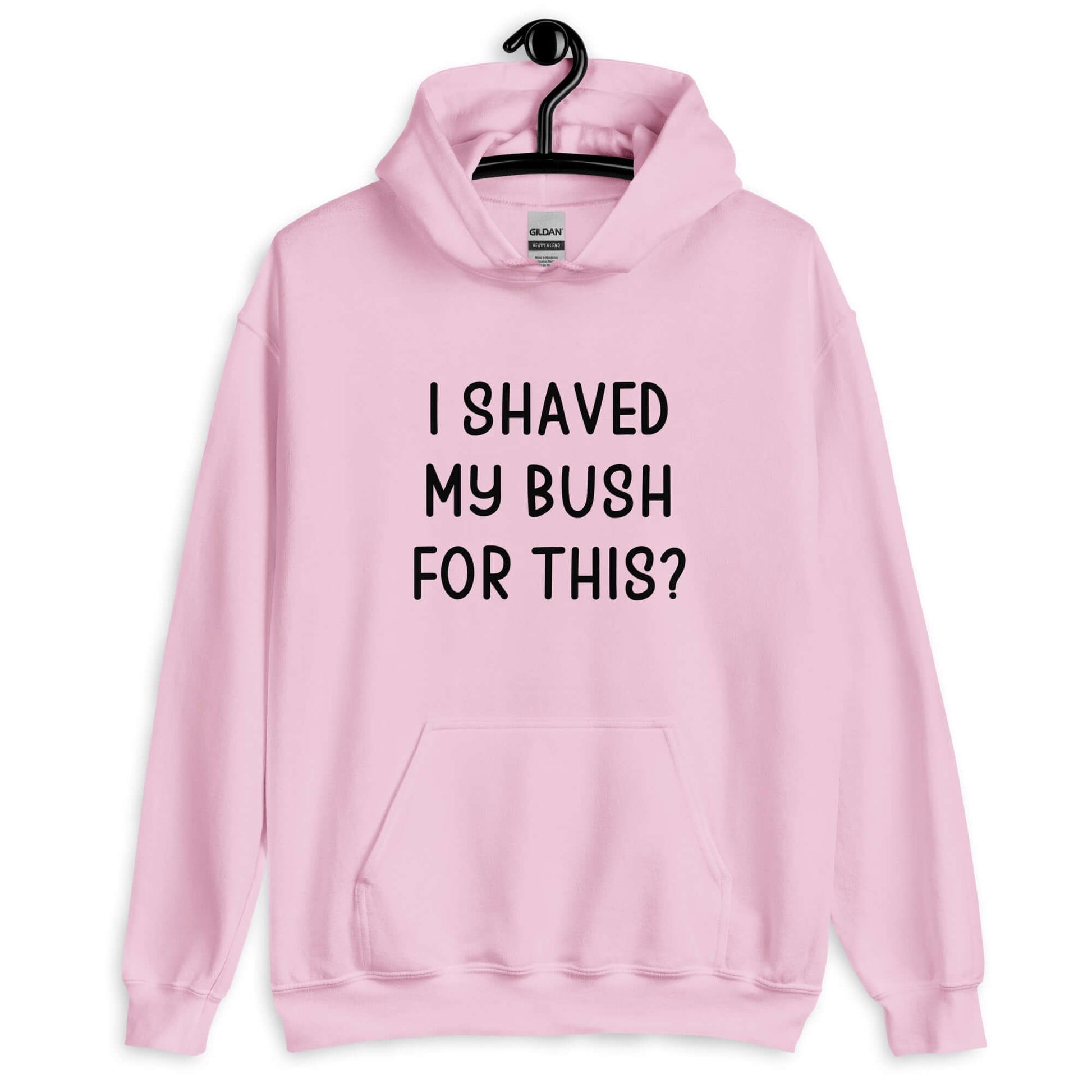 Light pink hoodie sweatshirt with the phrase I shaved my bush for this? printed on the front.