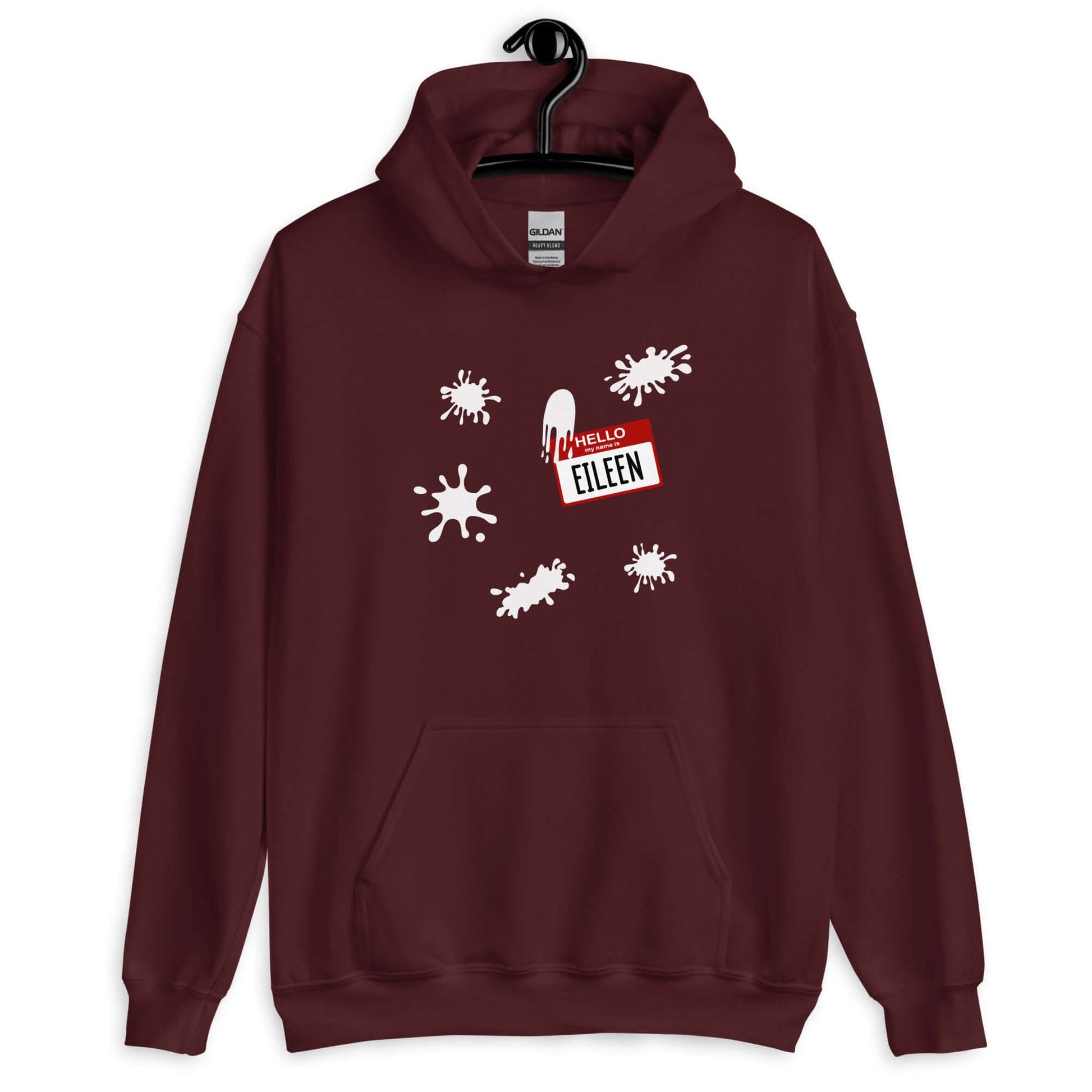 Maroon hoodie sweatshirt with Eileen name tag and white splatters printed on the front.