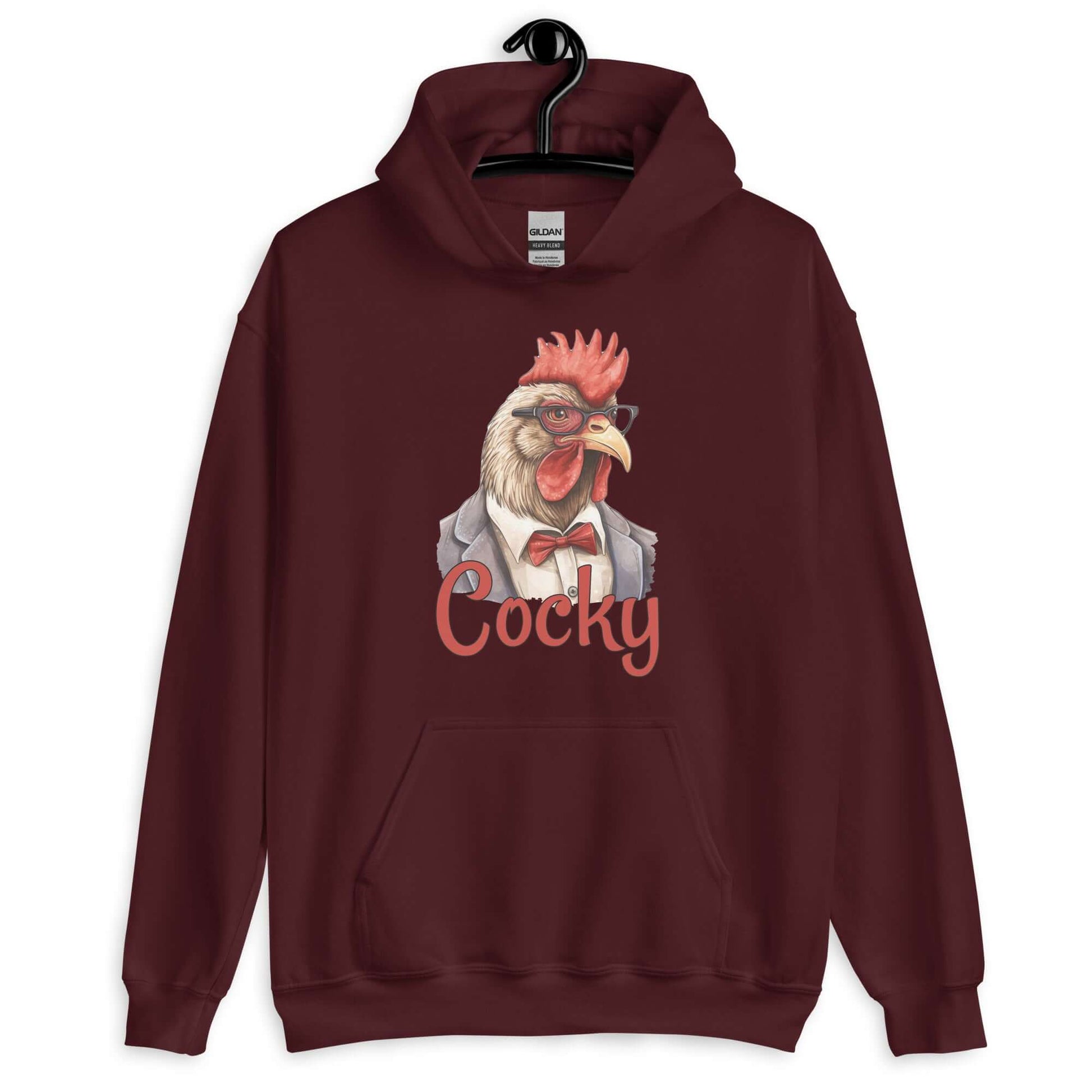 Maroon hoodie sweatshirt with image of a rooster and the word Cocky printed on the front.