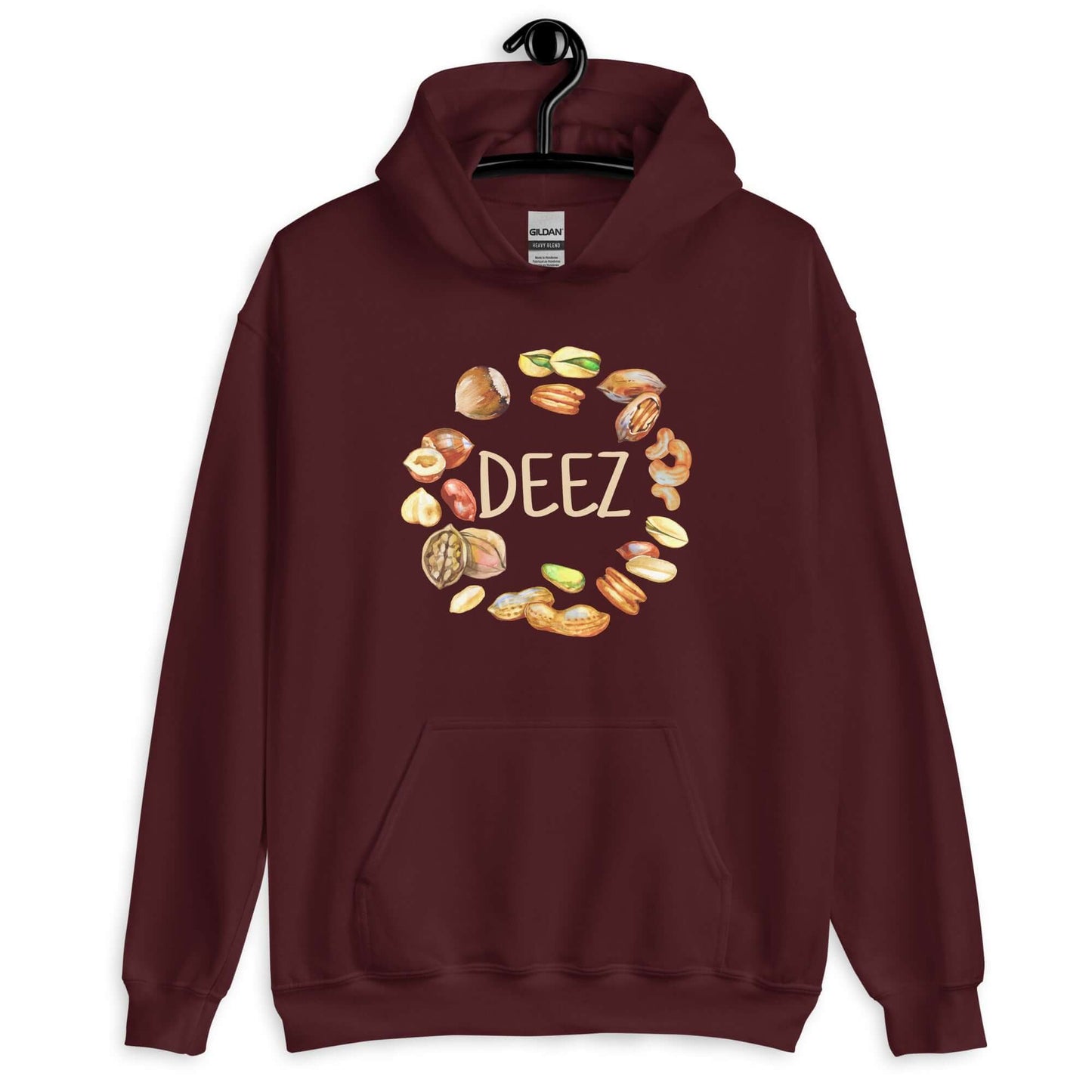 Maroon hoodie sweatshirt with an image of various nuts and the word Deez printed on the front.,