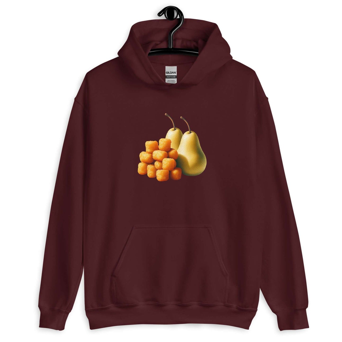 Maroon hoodie with an image of tater tots and two pears printed on the front.